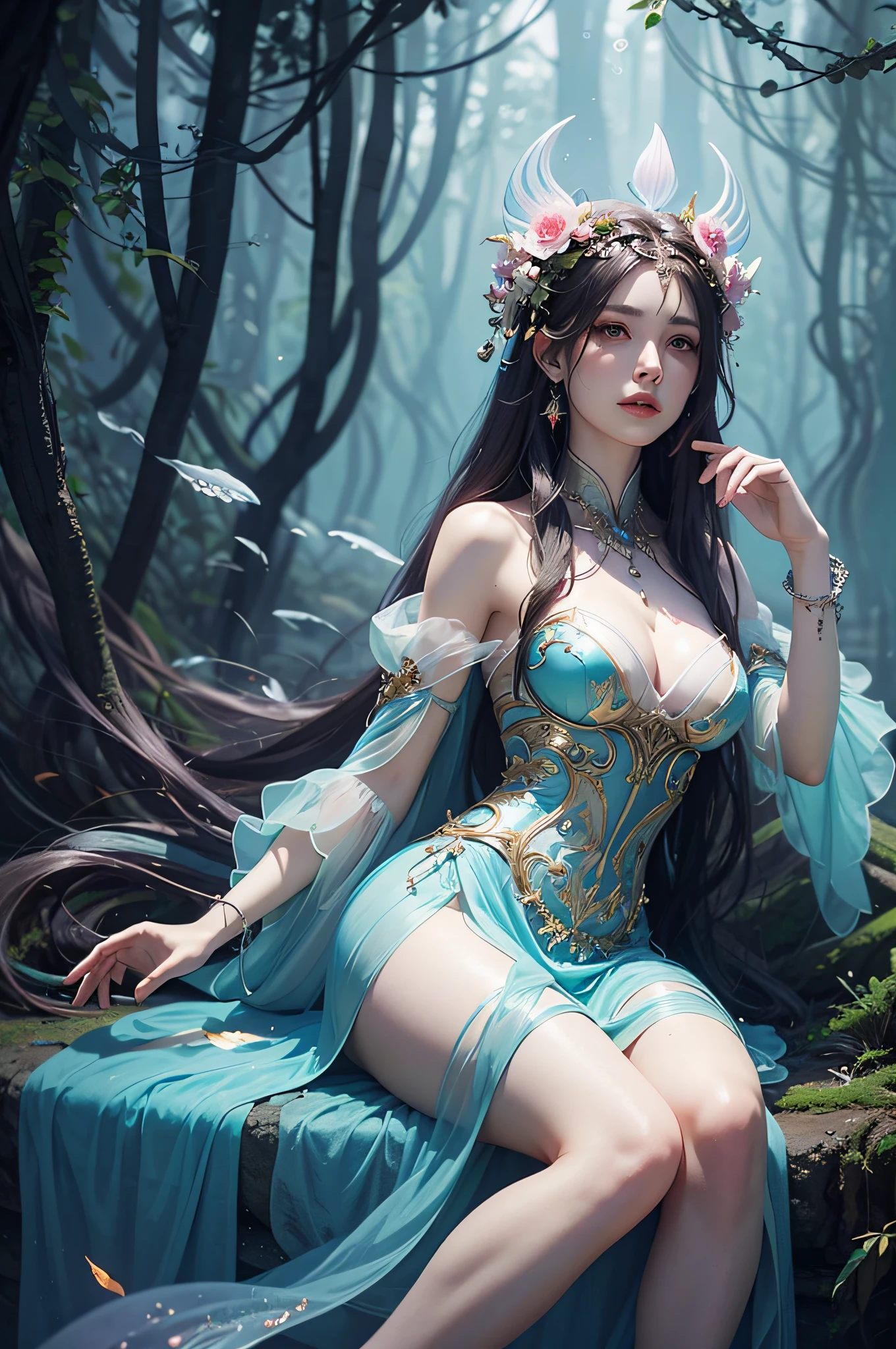 arafed woman in a sheered dress sitting in a forest, concept art by Russell Dongjun Lu, cgsociety contest winner, fantasy art, jellyfish priestess, ethereal beauty, fantasy photoshoot, a stunning young ethereal figure, fantasy gorgeous lighting, ethereal fantasy, jellyfish shrine maiden, jellyfish phoenix, jellyfish pheonix, ethereal glow, translucent dress, ethereal and dreamy