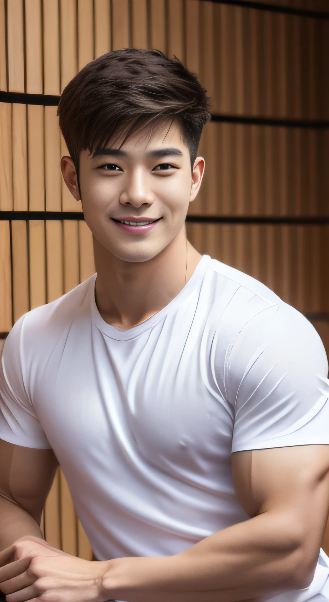 A handsome men ,20 age , Short Hair Hair, korea , thai student，((( Wear a white shirt.......))), front-view, smile ,Large pectoral muscles and wide shoulders............ athlete, glossy, Alone in the classroom., Table text and notes, head frame, Medium image, 8k resolution, high-detail, detailed hairstyle, detailed face, Octane Rendering, vibrant, Hyper-Realistic, Perfect limbs, perfect anatomy ,full entire body