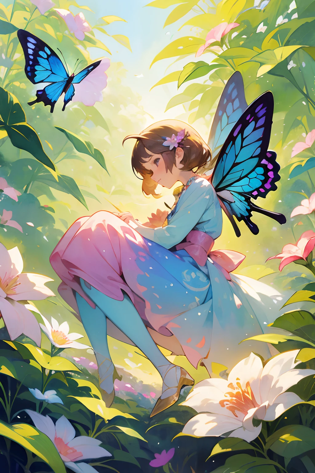 A beautiful girl in a fairy costume, surrounded by flowers and butterflies. Content: watercolor painting. Style: whimsical and delicate, like a children’s book illustration.