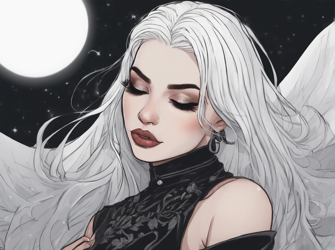 /imagine prompt: white hair goth girl pinup illustration on front with black background sticker, Bold outline style, Jagged edges, Trash core, Light Shadow --V 5.2