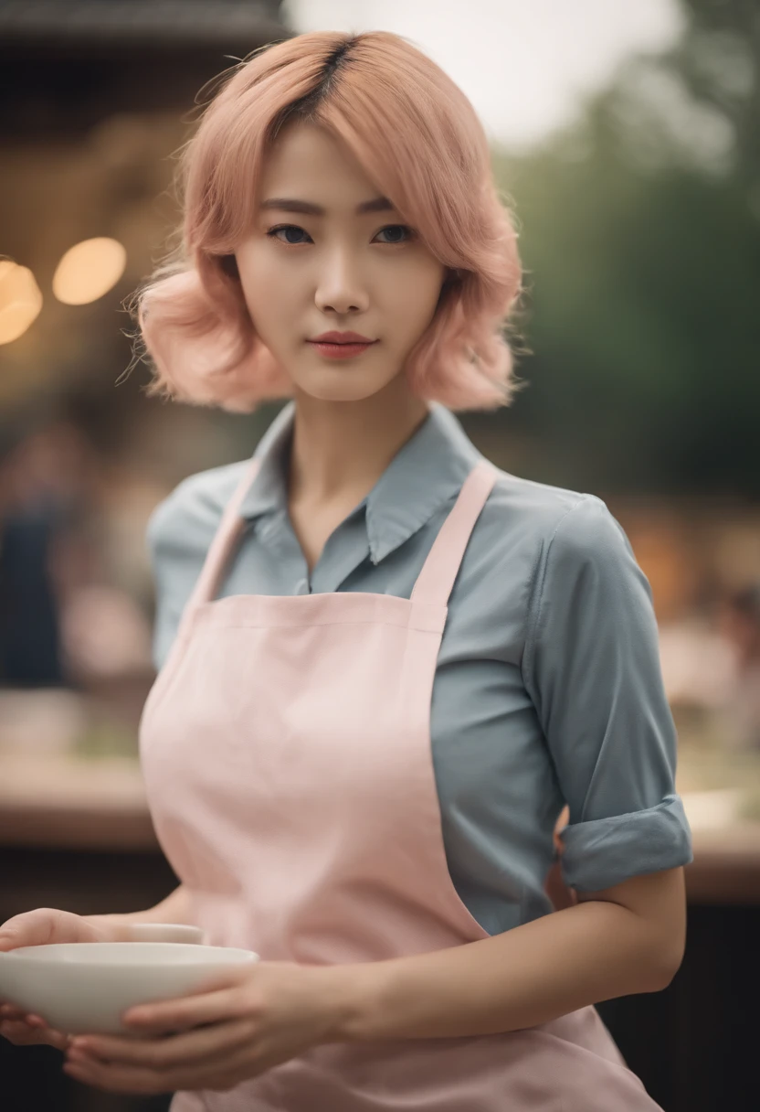 Close-up portrait of a girl in Japan, Cute face like an idol、Classic Bob, Apron（Naked apron）、No bra no panties、 Amazing body, pronounced feminine feature, Micromilk, Kitataru, [ash blonde | ginger | Pink hair], freckle, flirting with camera
