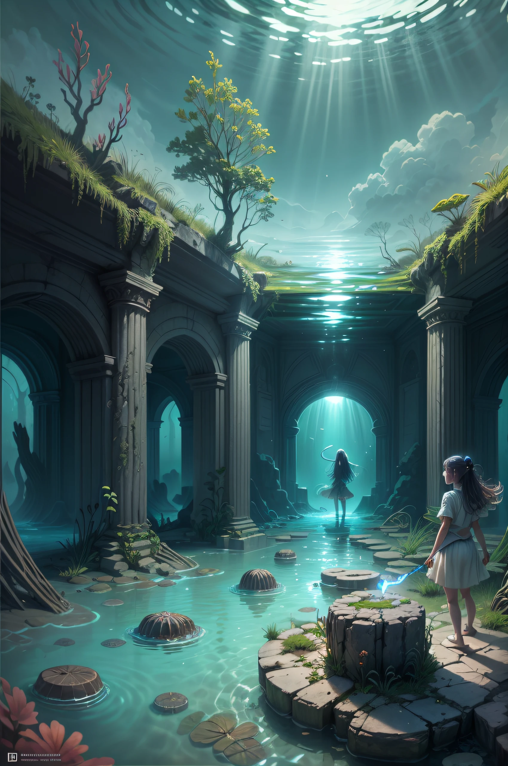 Illustrate a scene where a girl explores ancient underwater ruins, a bioluminescent horn guiding her way through the submerged world, creating an ethereal and mysterious ambiance.