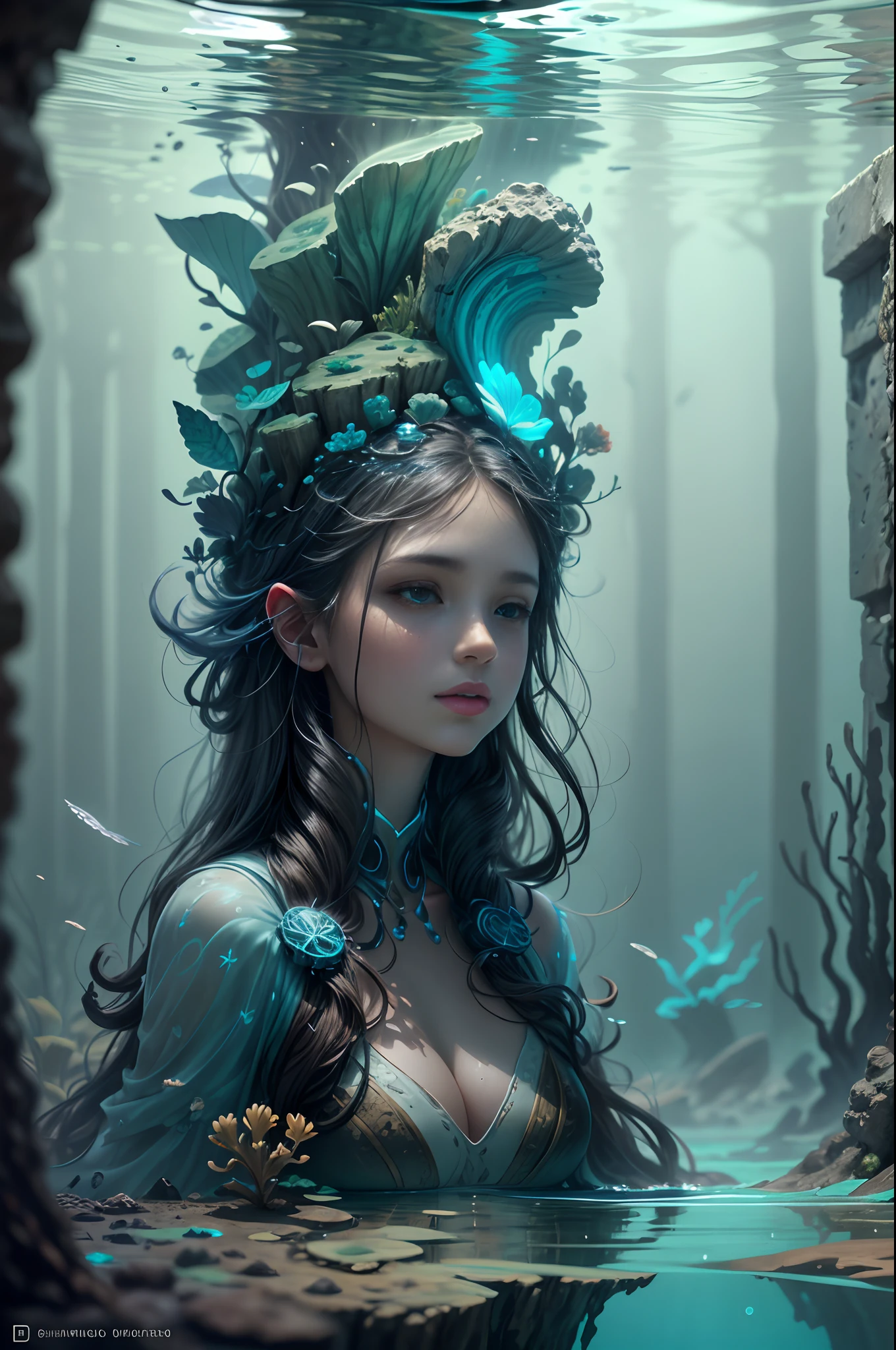 Illustrate a scene where a girl explores ancient underwater ruins, a bioluminescent horn guiding her way through the submerged world, creating an ethereal and mysterious ambiance.