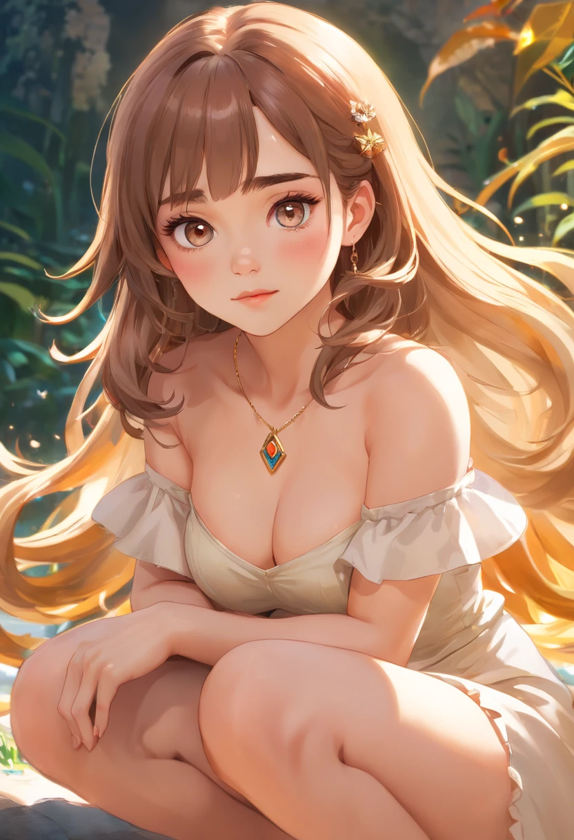 Style macro giga realism,pretty beautiful emilia clarke , big cleavage, ginormous bust, gigantic bust, masterpiece crouching,posing for a photo wearing intricate open fantasy attire, hazel eyes, reflection and circular iris, short light brown hair, cai xukun, fantasy paladin woman, detailed beautiful face, cleavage, jewel embellishment, exhibant, deep colour, Perfect hands without deformity, body perfect
, stunningly beautiful woman, feminine form, reflection eyes with circular iris ultra realistic, Light brown hair, stunningly rapturously gorgeous, immensely attractive, extremely appealing, flirty and playful, natural skin texture, Hazel eyes, analog photography, Film grain, extreme detail, 4k, Ultra HD, Hyperrealism, Trending on Artstation, Polished, Beautiful, radiant, synesthesia, Vibrant, Photorealistic, backlight, hair light, 8k ultra hd, Unreal Engine, hyper realistic photo, poorly drawn hands, poorly drawn feet, poorly drawn face, mutation, mutated, extra limbs, disfigured, deformed, bad art,sexy