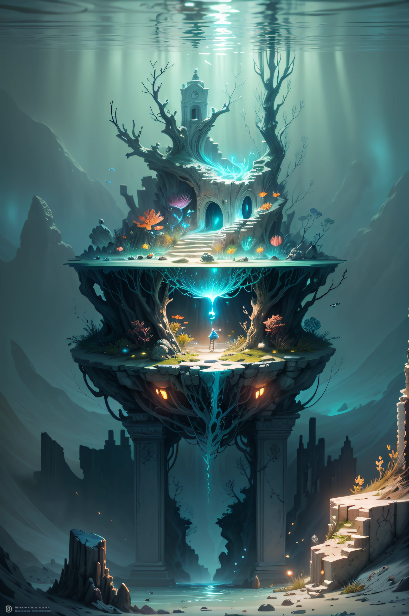 Illustrate a scene where a girl explores ancient underwater ruins, a bioluminescent horn guiding her way through the submerged world, creating an ethereal and mysterious ambiance.