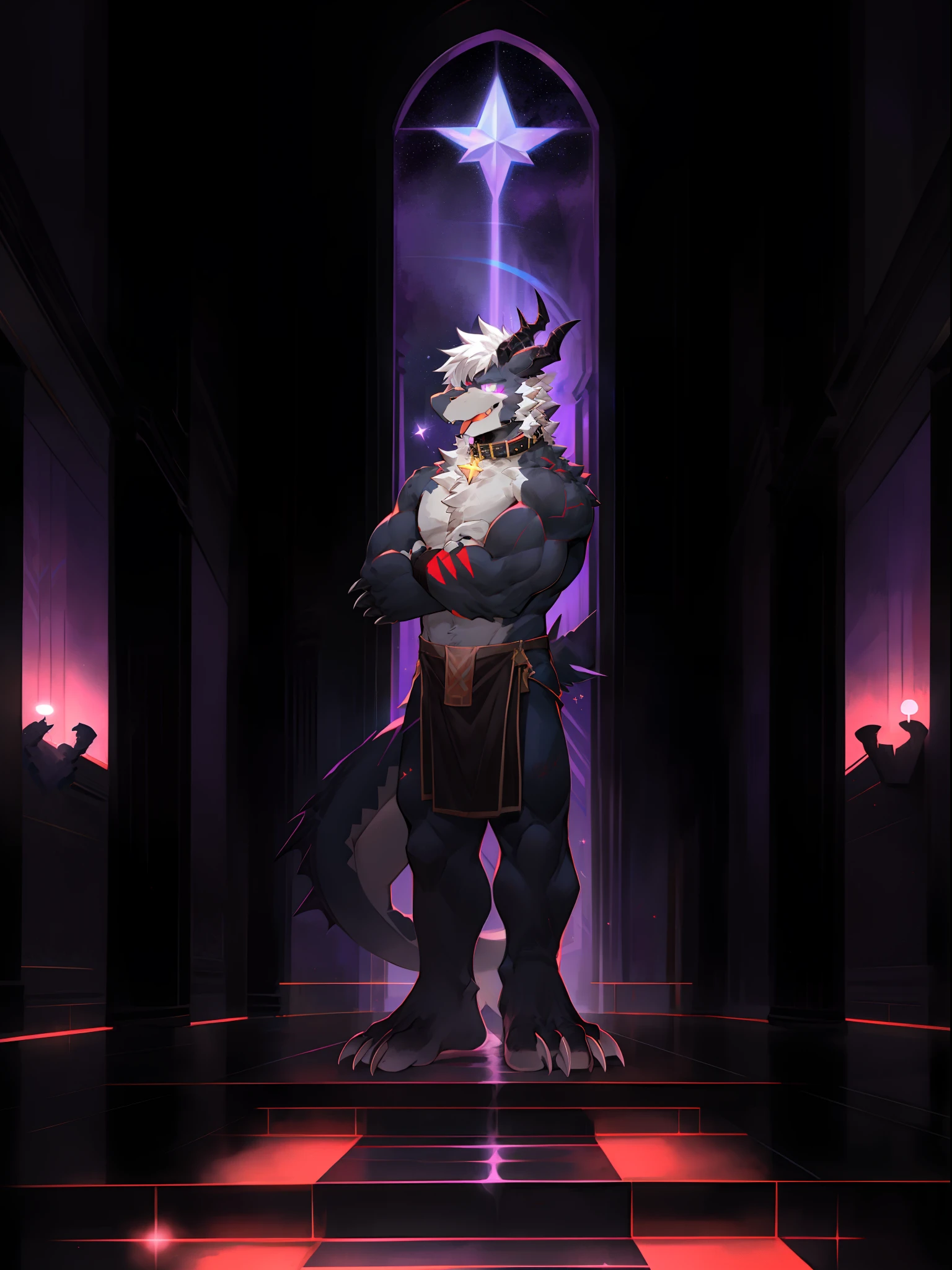 One guy，独奏，Full body like，shaggy male，hairy bodies，Correct anatomy，Detailed double eyes，glowing light eyes，Wearing a naked，Black loincloth，Muscular，long  white hair，drak，shoun（thin tall body type），male people，There are small horns on the head，black-skinned，，red striped，Purple eye，Evil God，glowing light eyes，Sharp claws，with light glowing，Star eyes，Cute meat pad，Collar，adolable，Handsome，Evil charm，haughty，Large dragon tail，full bodyesbian，The Void，purple palace，Lobby Throne，Standing brainwashing，tongue stickout，The liquid runs down the lower gear，Eros