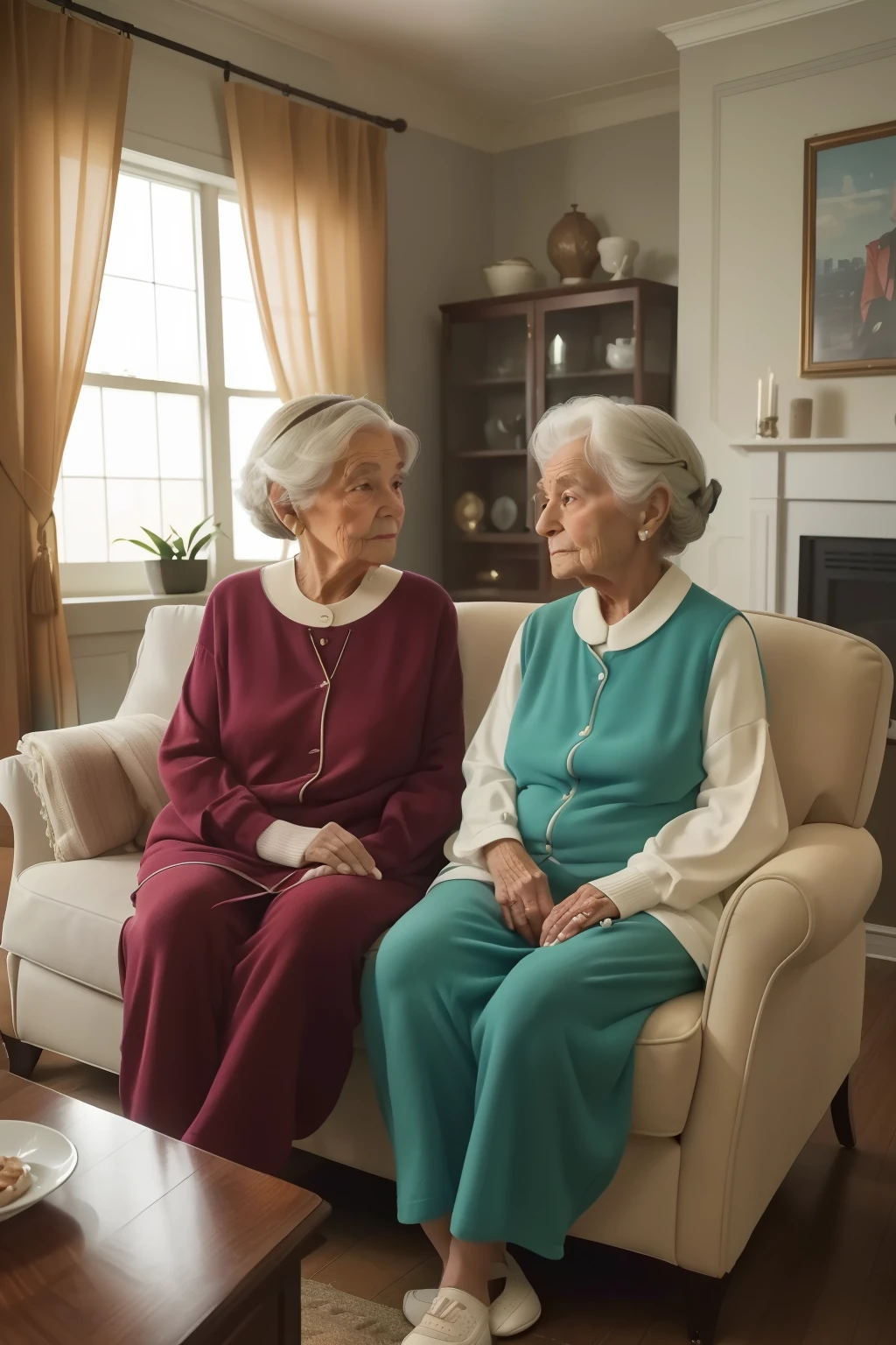 Year: 2023. Location: Augusta, Georgia. two (((90-year-old))) old lady sisters, in a luminous livingroom, reunion, ((yearning look)), ((2020s casual comfie clothes)) ((2020s hairstyle)) ((in the style of "Only Murders In The Building")) ((cinematic style))