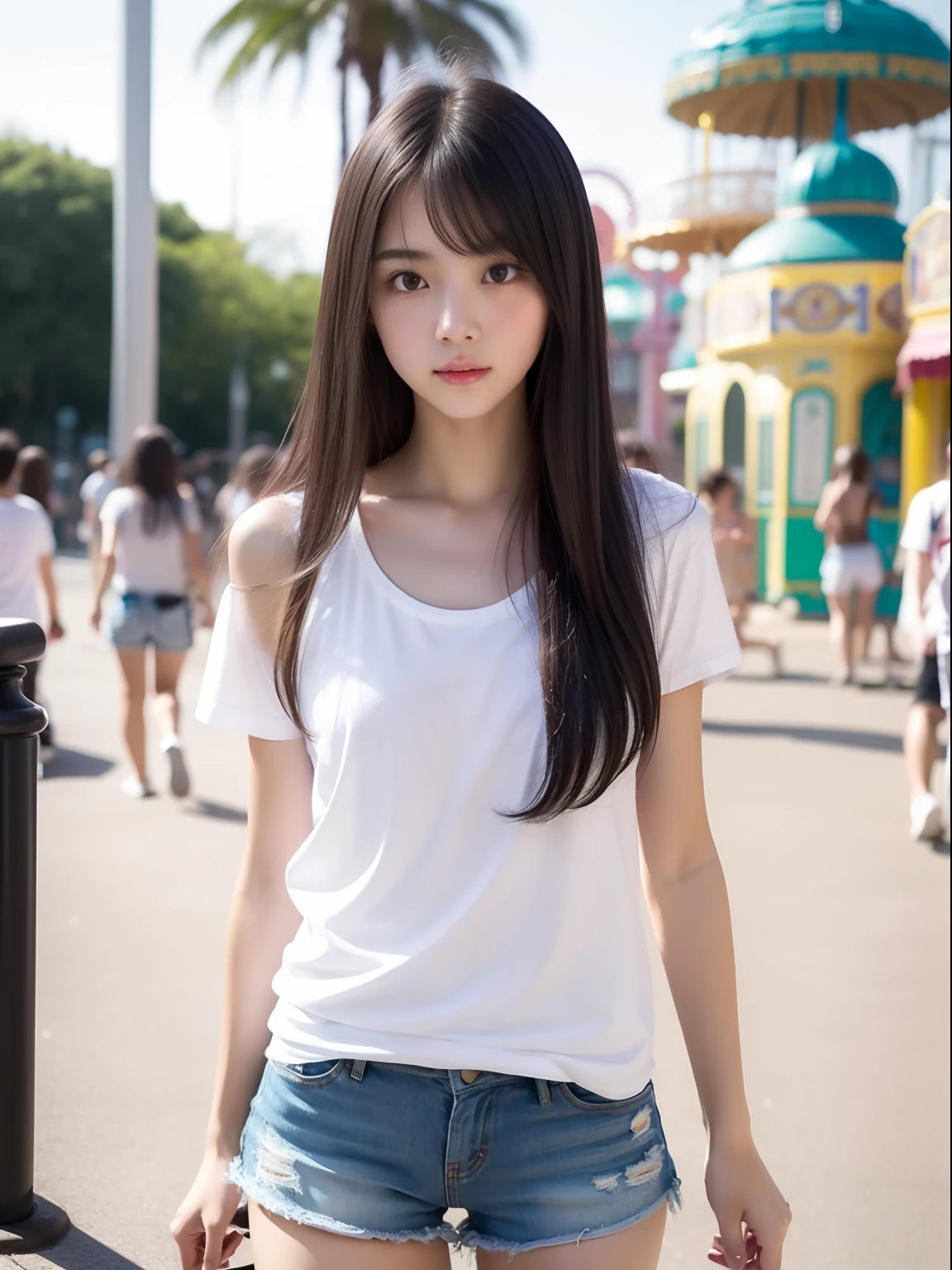 Looks Back，年轻，shortpants，Long white T-shirt，teens girl，Delicate body，petite body，Delicate body，small tits，tiny chest，A dark-haired，Very Longhair，An amusement park