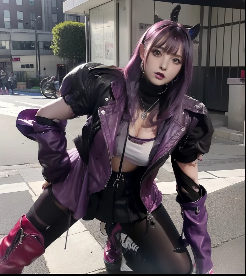 Idols of punk fashion、large full breasts、beautiful foot、Purple hair、a miniskirt、Good Style、、、Red boots(pin heels)、Red tops、Stockings、teasing face、Left knee on the ground、