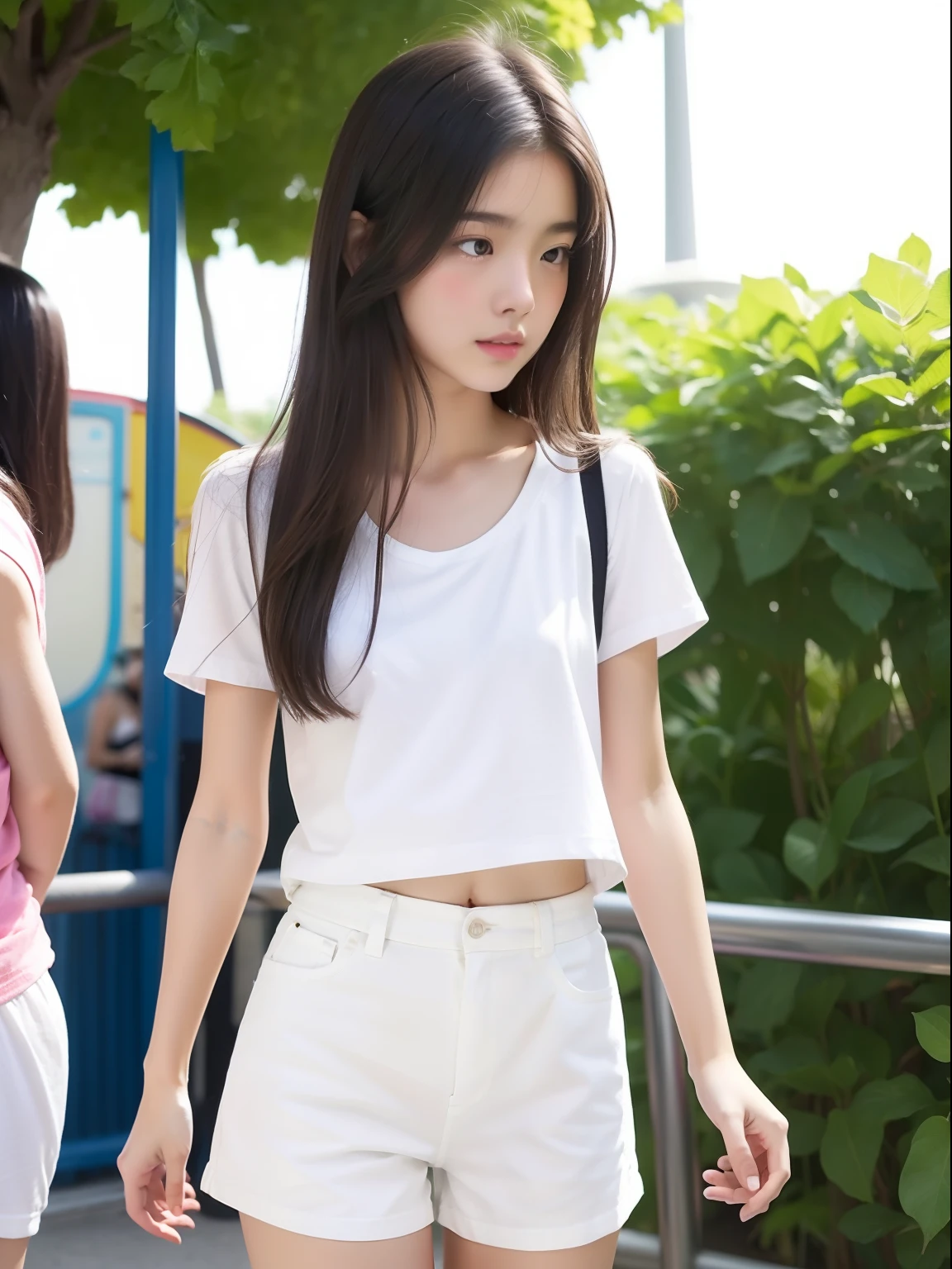 Looks Back,年轻,shortpants,Long white T-shirt,teens girl,Delicate body,ite body,Delicate body,small tits,tiny chest,A dark-haired,Very Longhair,An amusement park
