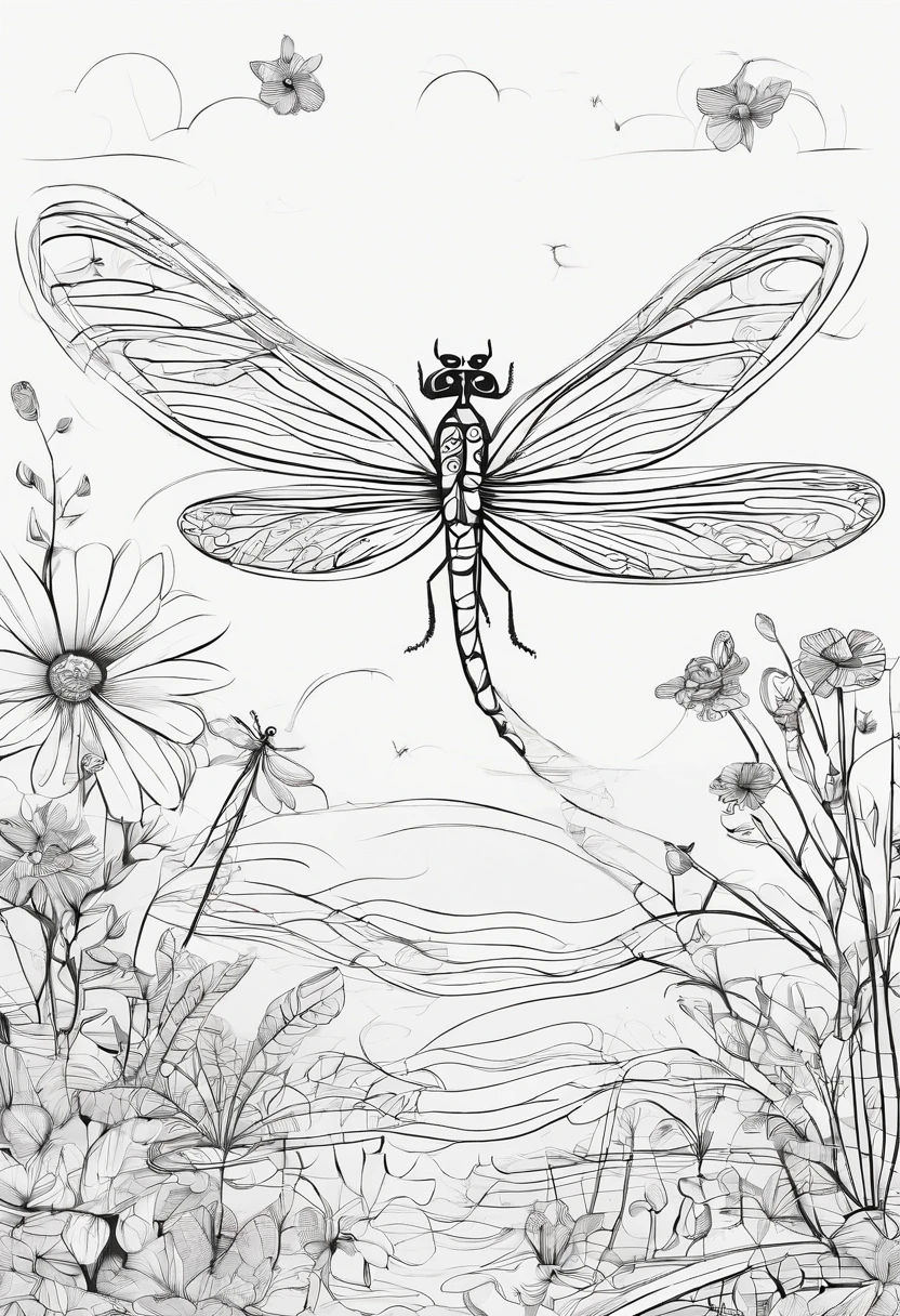 there is a dragonfly in a garden full of children in a sunny day, poster style of image