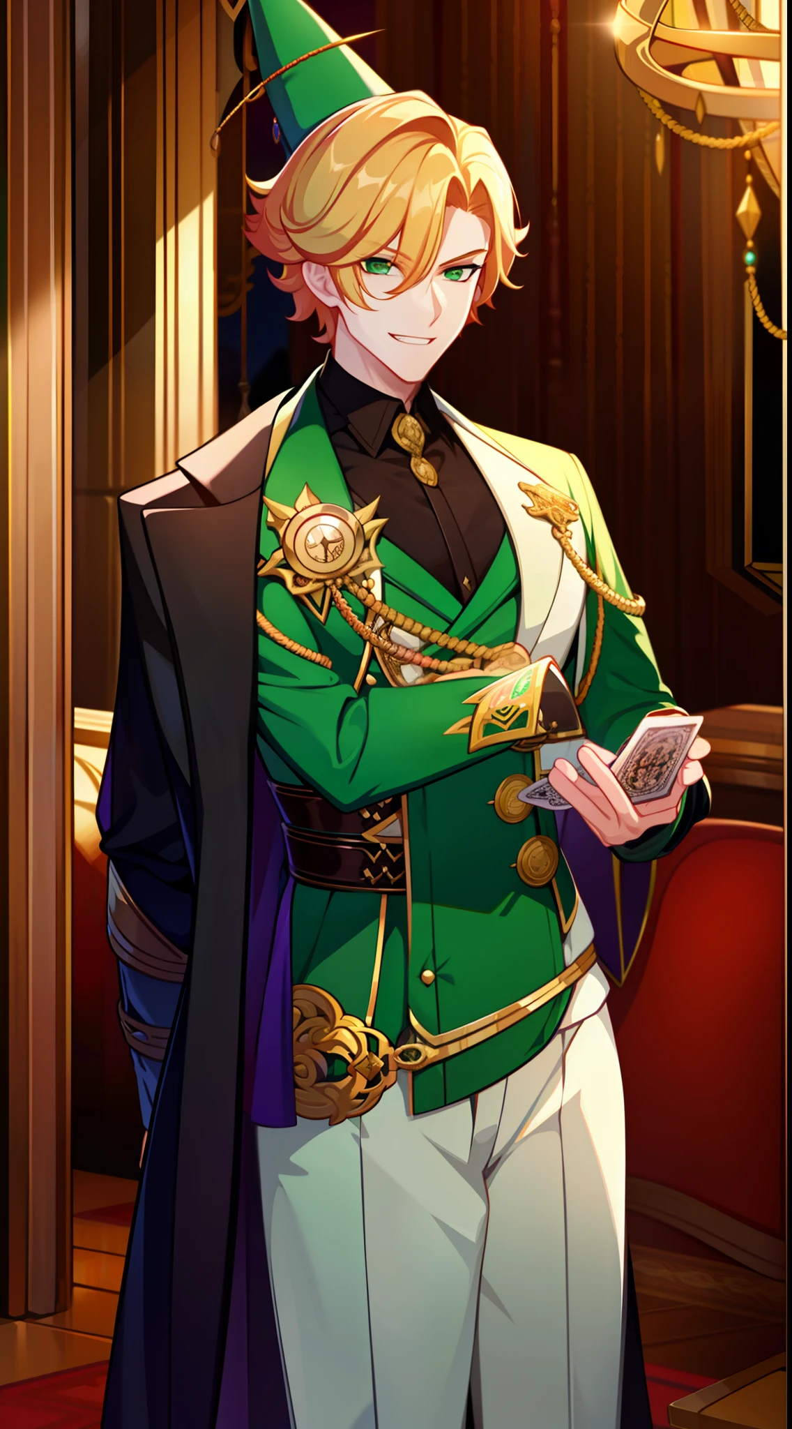 young boy, short curly blonde hair, Green eyes, smirk, evil, wizard hat, Magician's jacket, Magician Form, Gold Elements, cane, playing cards, a joker, Masterpiece, hiquality, 4k, HD, Good detail