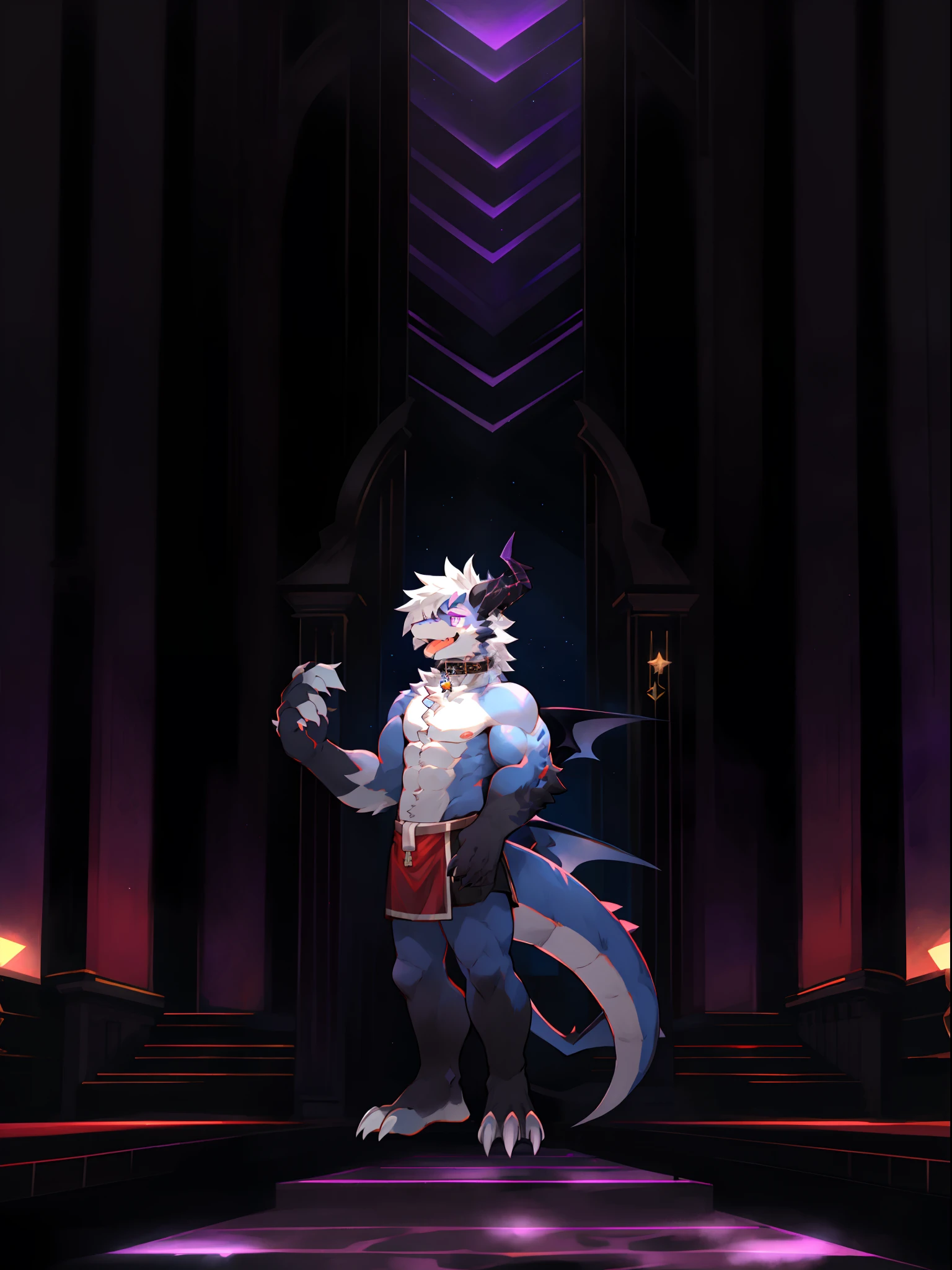 One guy,独奏,Full body like,shaggy male,hairy bodies,Correct anatomy,Detailed double eyes,glowing light eyes,Wearing a naked,Black loincloth,Muscular,long white hair,drak,shoun(thin tall body type),male people,There are small horns on the head,black-skinned,,red striped,Purple eye,Evil God,glowing light eyes,Sharp claws,with light glowing,Star eyes,Cute meat pad,Collar,adolable,Handsome,Evil charm,haughty,Large dragon tail,full bodyesbian,The Void,purple palace,Lobby Throne,Standing brainwashing,tongue stickout,The liquid runs down the lower gear,Eros