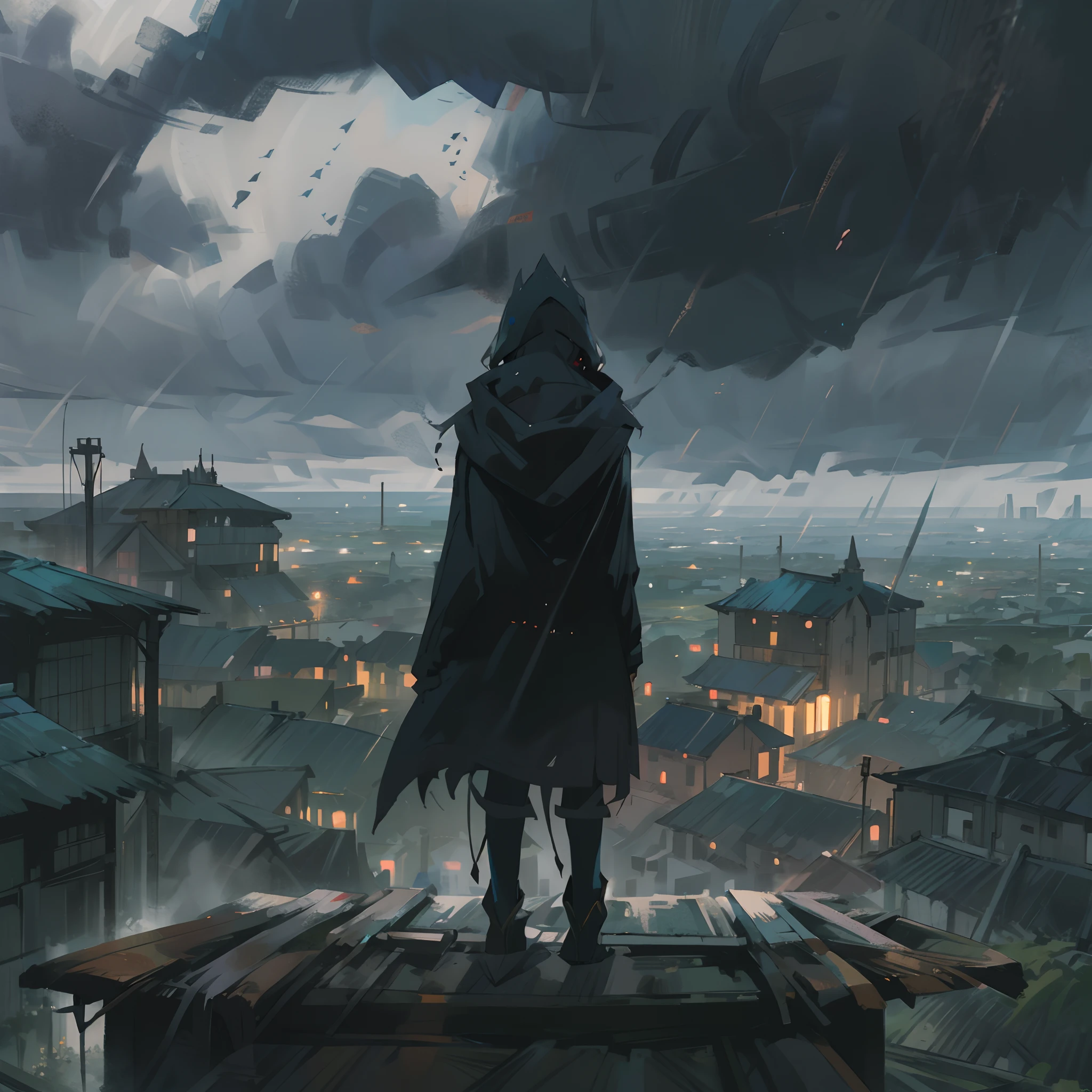 Anime artstyle, wearing a black hood, standing on top ofa roof,back facing the viewer, raining,cloudy,dark clouds, gritty,fog,misty village