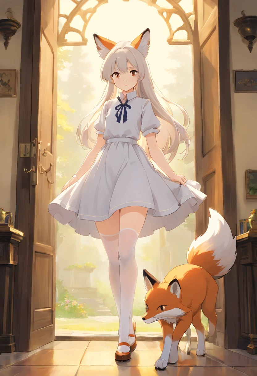 fox ear，Slender calves，white stockings，Masterpiece，Extremely tall girl，Huge maiden，Full limbs，Long-range shots,long  white hair，a white long skirt