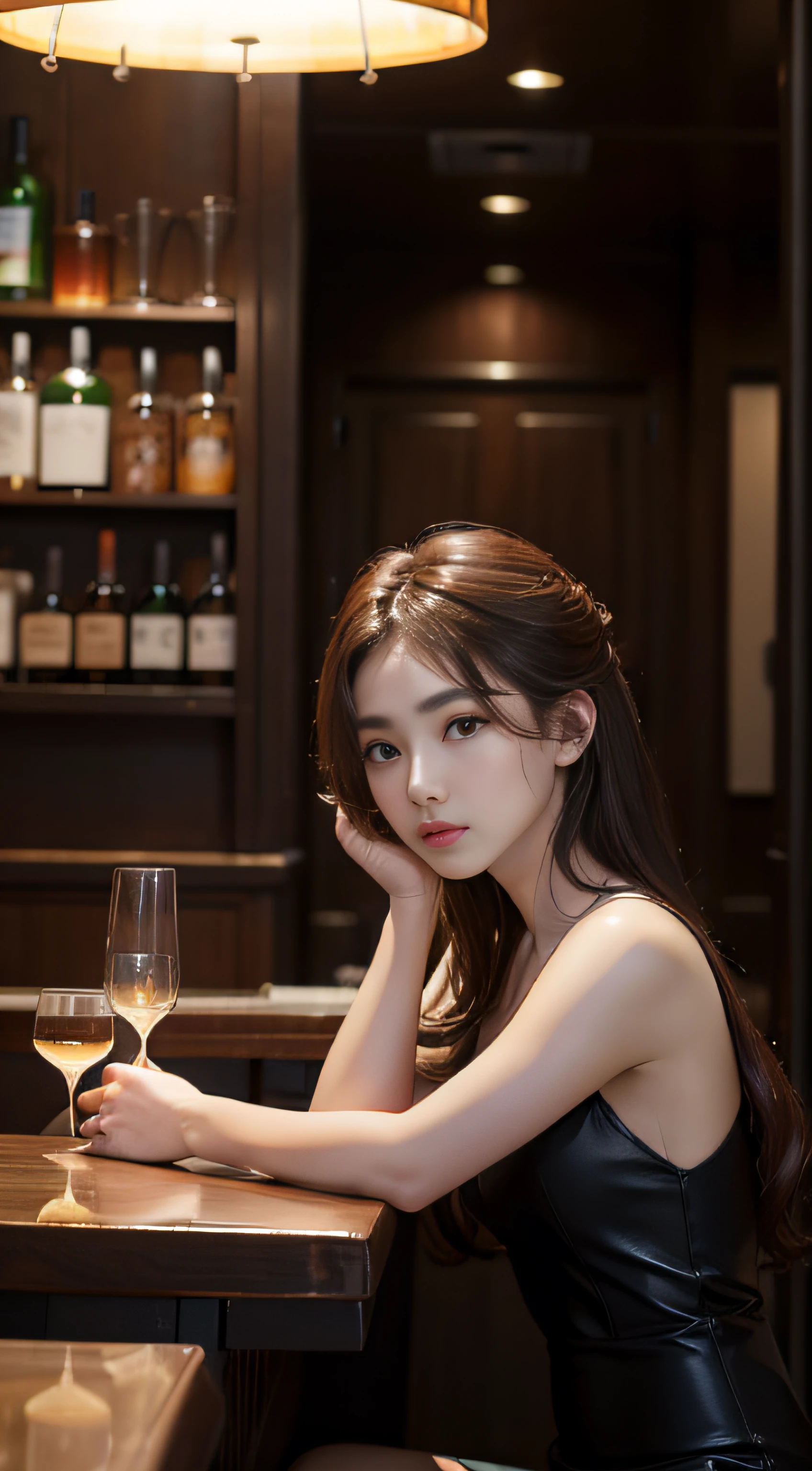 a bar counter、Beautuful Women、Transparent skin、hiquality、pureerosface_v1:0.8、depth of fields