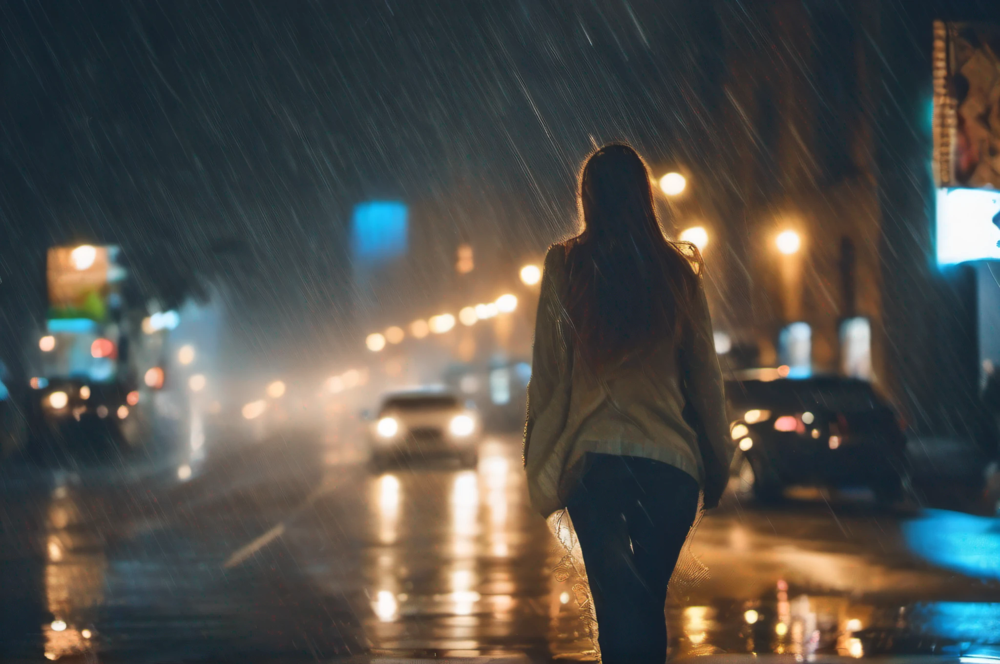 ((((looking camera)))) Foto de cuerpo completo de Mujer sexy con enormes alas sentada en las calles con humo y niebla, en llamas bajo la lluvia torrencial de la noche, Across the city, iluminada por las luces de la ciudad y con todo su cuerpo mojado. Feeling cold. Captura la intensidad de la lluvia que cae sobre la mujer mientras corre. Focus on the woman's facial expression, showing determination despite the rain. Crea un contraste entre la oscuridad de la noche y las luces de la ciudad que la rodean. Make sure the woman's white T-shirt is soaked and sticks to her body. Use lighting techniques to highlight raindrops in the air and on women's clothing. Make wet streets reflect city lights to create a cinematic atmosphere. The perspective should be from a low angle to emphasize the vulnerability of women in the rain... Add flare to city lights to create a bokeh effect in the background. Use cool colors and blue tones to convey the feeling of cold in the image.
