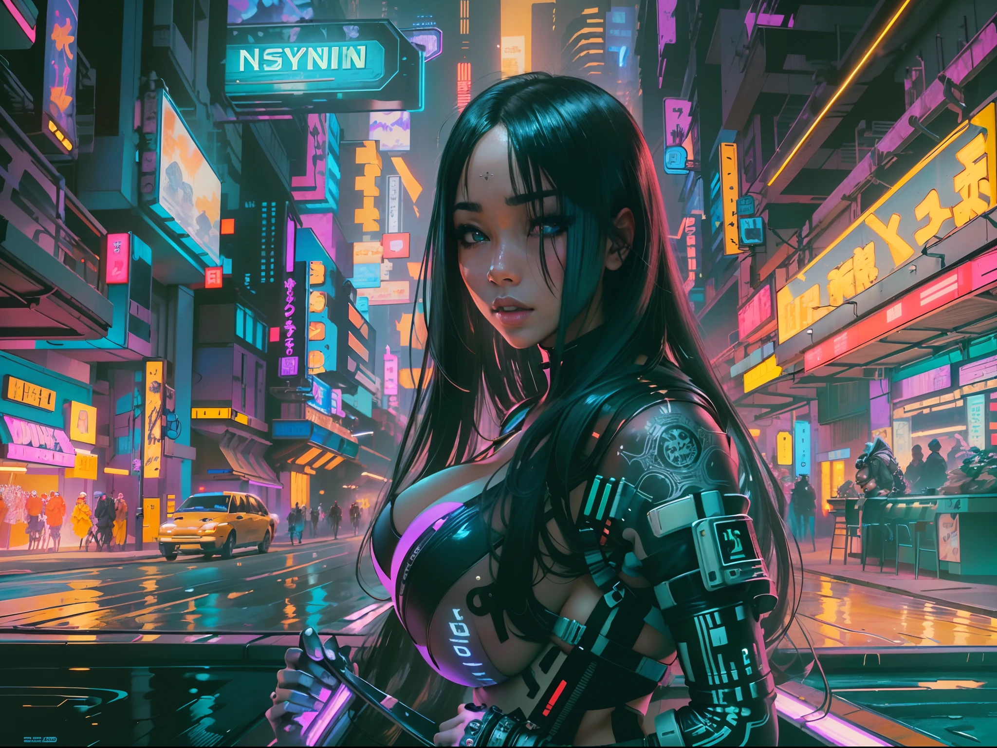 (Beautiful Asian identical twin cyberpunk girls (holding each other)), cowboy shot, ((ultra detailed neon cyberpunk futuristic city )), black long shapeless hair, detailed and intricate ((cyberpunk city streets background)), featuring high-tech holographic projections and sleek architecture, art by (((Syd Mead, Masamune Shirow))), (highly detailed photo realistic), sharp focus, ultra high quality, vibrant, (big breasts:1.7), shiny latex is black, latex stockings, long shapeless hair, (shiny skin:1.4), shiny lips, (symmetrical detailed face:1.7), toned, sexy, masterpiece, (cinematic lighting).
