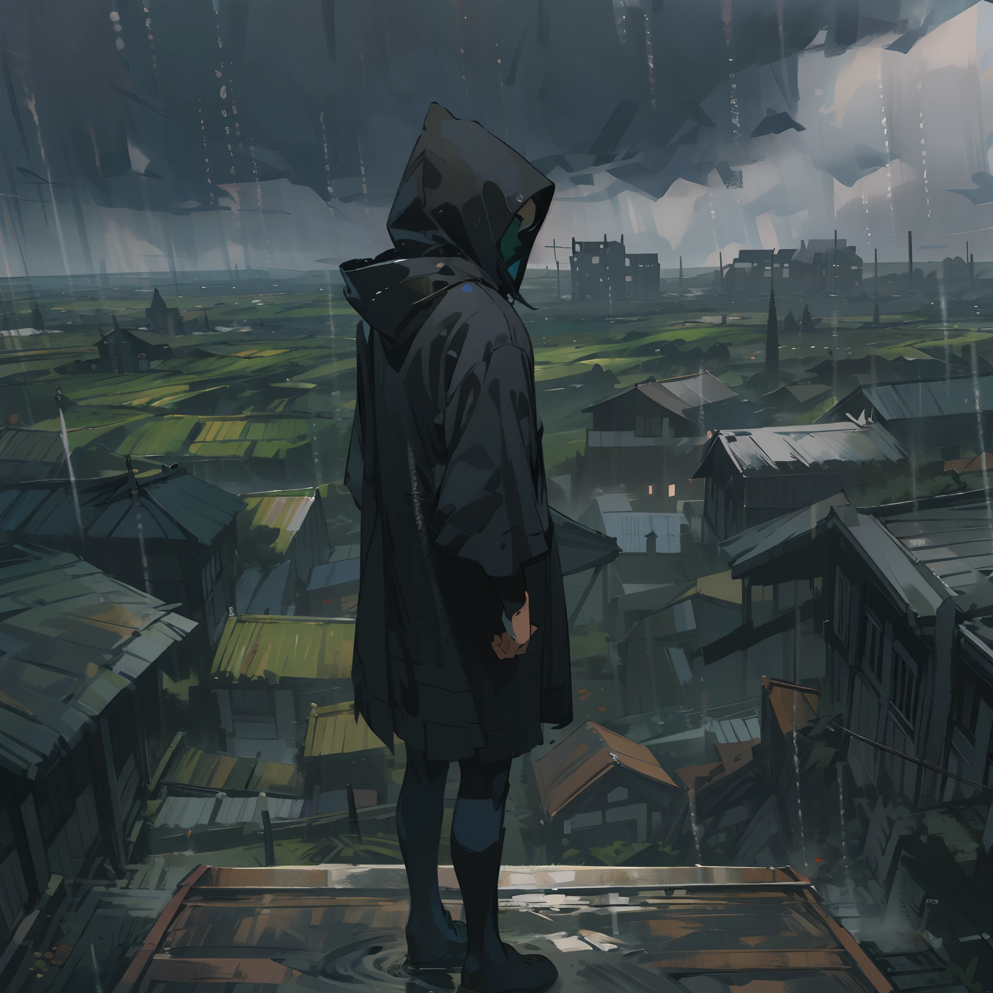 Anime artstyle, wearing a black hood, standing on top ofa roof,back facing the viewer, raining,cloudy,dark clouds, gritty,fog,misty village