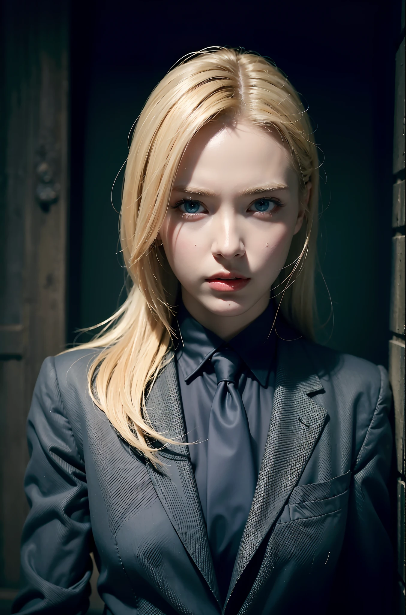 Best quality, masterpiece, ultra high res, (photorealistic:1.4), raw photo, 1girl, blonde hair, blue eyes, detailed eyes and face, black suit, dynamic lighting, in the dark, deep shadow, low key, cowboy shot full-lenght body