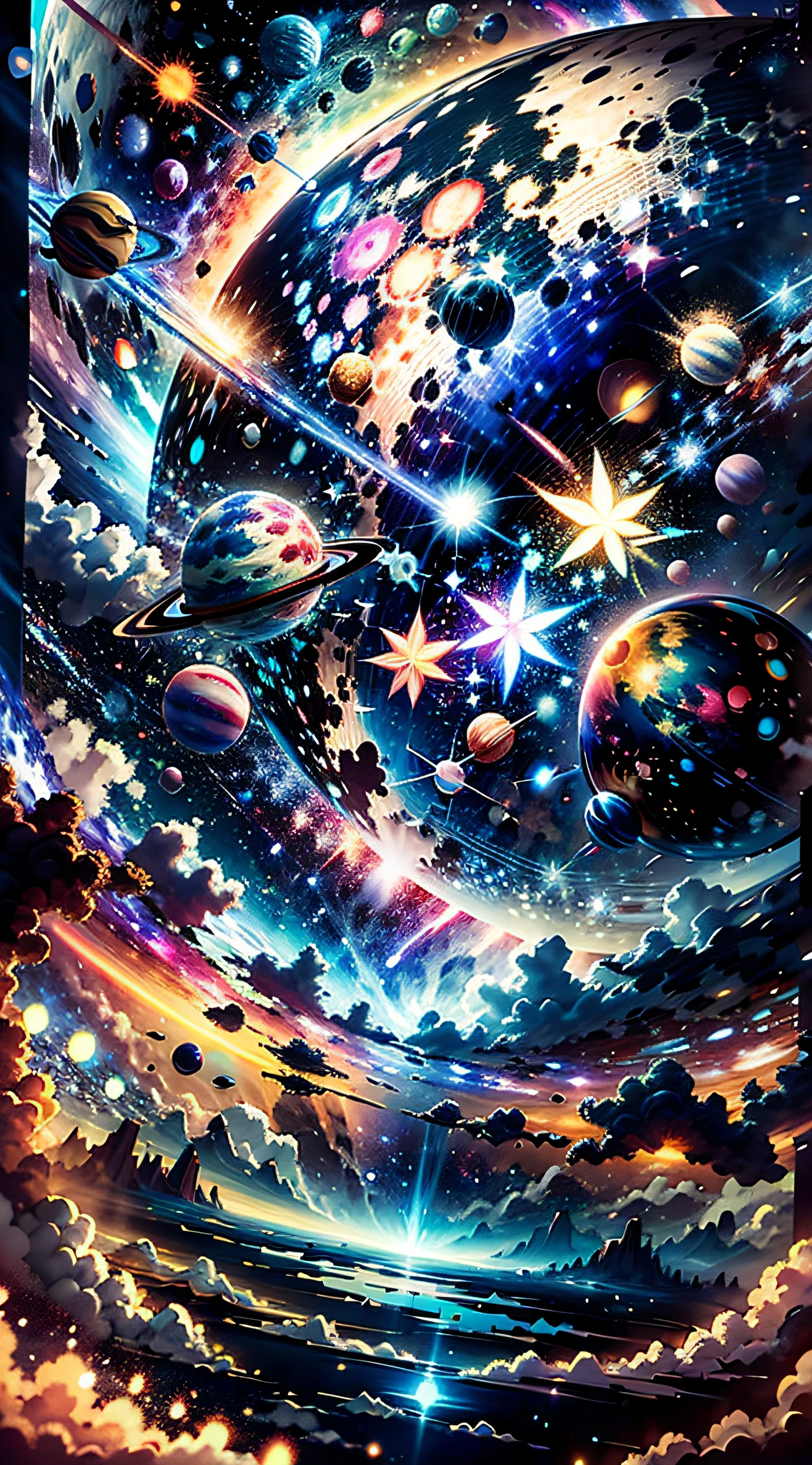 space with all the planets blue and pink colour with bright white stars  background in the style of Miyazaki, —ar 21:9