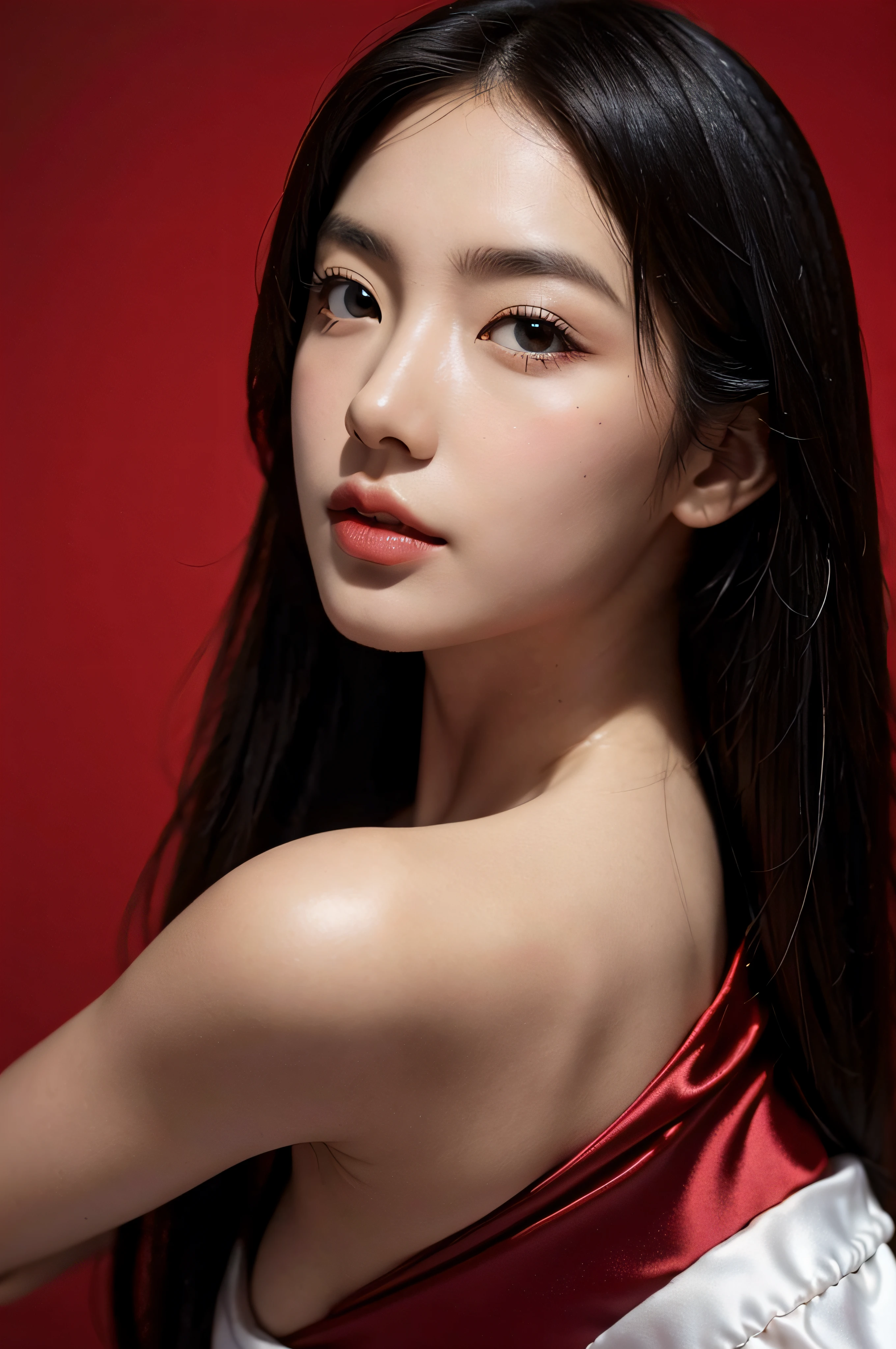 Masterpiece, Best quality,Super detailed face,Detailed eyes,二重まぶた, 1girll, Red background, Black hair, Golden ratio figure,Plump breasts,random hair style, Skin whitening,Long legs,Face front,((Fashionable silk unique clothing,Gemstone pattern)), Emotional face, Studio light, Studio,There are God's eyes,8K