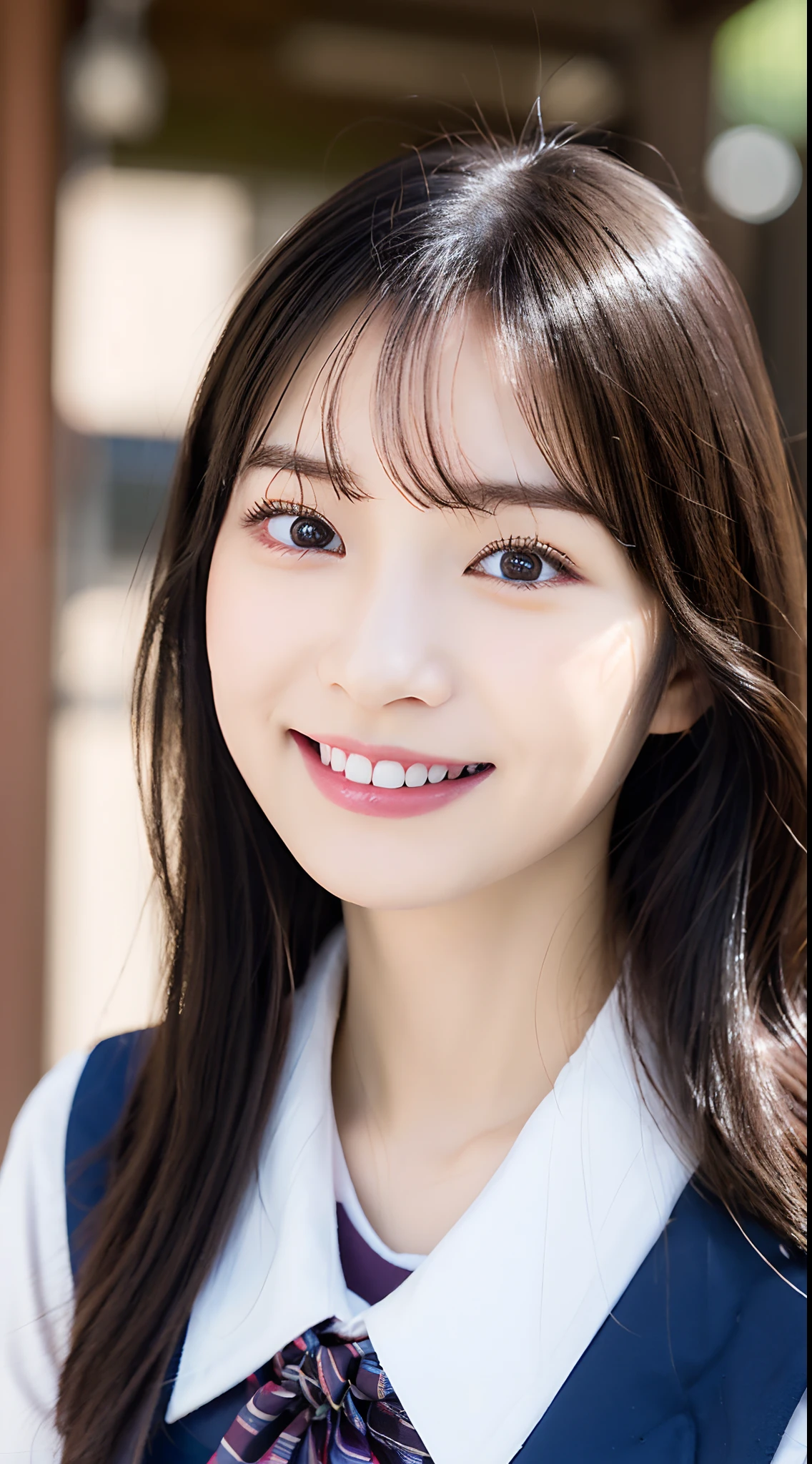 selfee, (from the front side),(Face:1.3),(Eye focus:1.4),(close up:1.3),(wide eyes:1.3),Attractive eyes,Eyelashes,Round eyes,jewelry eyes,Twinkle Eyes,slanted eye, eyesight, long eyelashes, Eye Highlights,(Smile with open mouth),look at viewr,Light transparency, Diffraction of light, Best Quality, masutepiece, High quality, High resolution, Detailed, (1womanl), (high-school uniform:1.5), Beautiful face, Full face blush:1.3, Beautiful eyes, (Blue-black hair), (semi long hair),((Hair to the shoulders:1.2)) (18year old,) (ample breasts:1.2), (A smile:1.2),perfect fingers in perfect hands,((A smile:1.2))