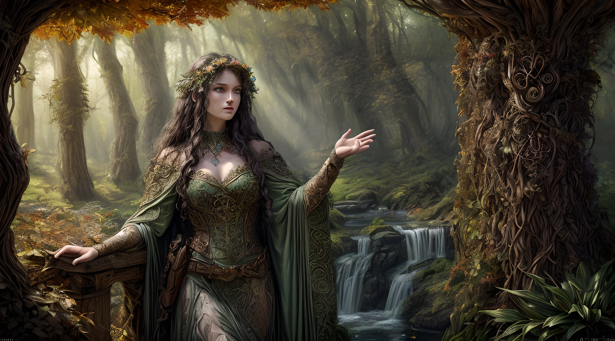 high details, Fantasy Poster, best quality, 8k, [ultra detailed], masterpiece, best quality, Photorealistic , dynamic angle, ultra wide shot, photorealistic, fantasy art, dnd art, rpg art, realistic art, an ultra wide picture of druid grove in a fantasy autumn forest and its druid warden observing all, a fantasy forest (intricate details, Masterpiece, best quality: 1.5), (at autumn: 1.5), in orange, red, yellow brown leaves, many trees, a stream of water (intricate details, Masterpiece, best quality: 1.5), waterfall (intricate details, Masterpiece, best quality: 1.5), human female druid, full body (intricate details, Masterpiece, best detailed: 1.5), exquisite beautiful woman druid (intricate details, Masterpiece, best detailed: 1.5), ultra detailed face (intricate details, Masterpiece, best detailed: 1.6), black hair, long hair, wavy hair (intricate details, Masterpiece, best quality: 1.5),, dynamic eyes color, fair skin, wearing blue cloak (intricate details, Masterpiece, best quality: 1.5), green robe (intricate details, Masterpiece, best quality: 1.5), cinematic light, pastoral atmosphere, divine light, gods rays, hyperrealistic, Photorealistic, 16k, RAW, award winning, [ultra detailed], masterpiece, best quality, (ultra detailed), full body, ultra wide shot, photorealistic,