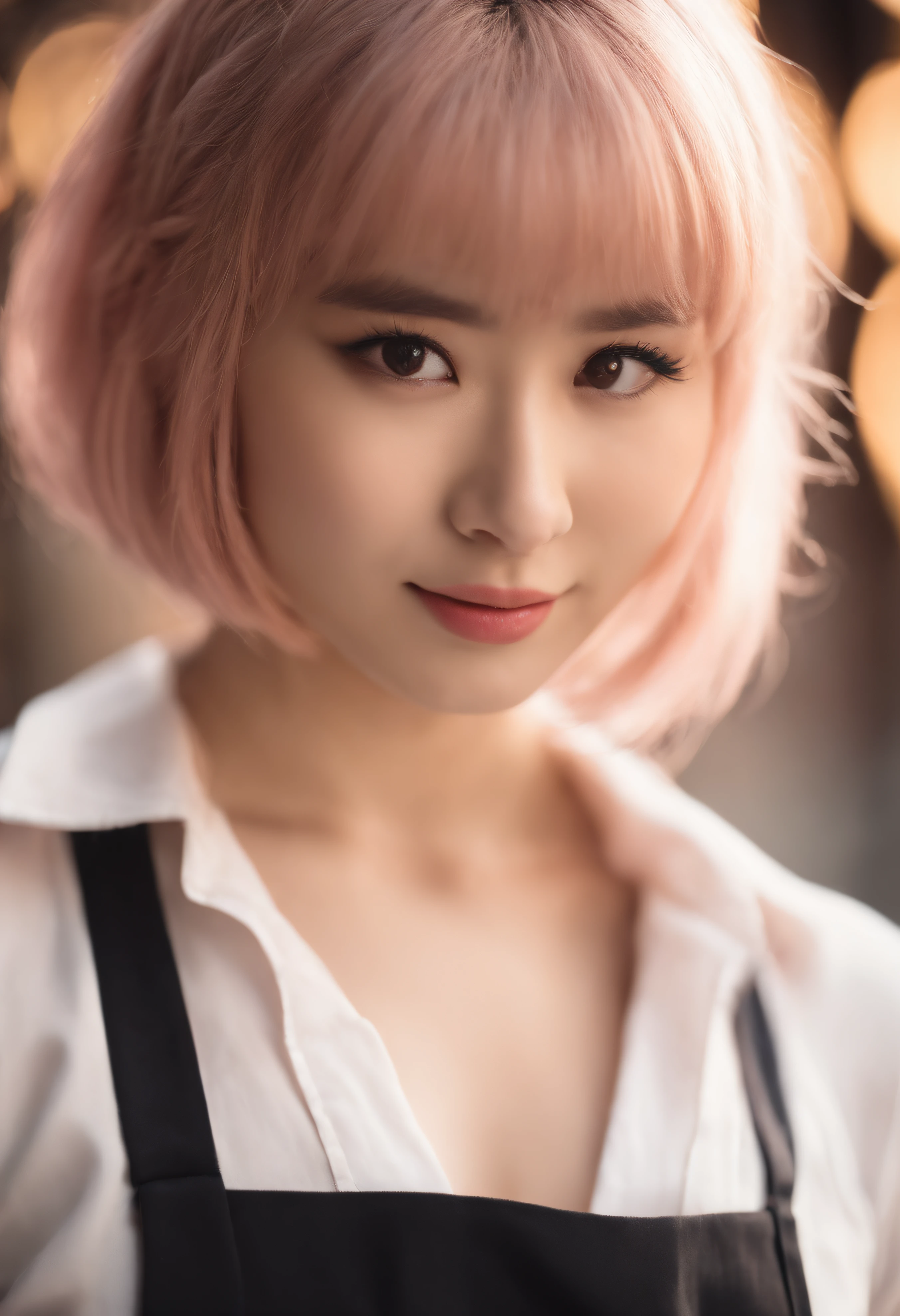 Close-up portrait of a girl in Japan, Cute face like an idol、Classic Bob, Apron（Naked apron）、No bra no panties、 Amazing body, pronounced feminine feature, Micromilk, Kitataru, [ash blonde | ginger | Pink hair], freckle, flirting with camera