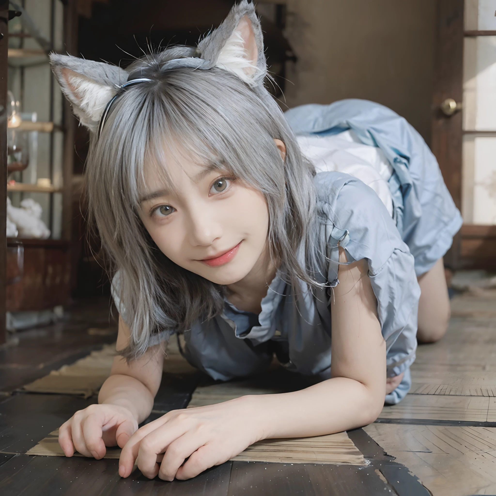 8K,NSFW、Being on all fours、(whitish hair) 、undersized head、White hair、Best Quality, masutepiece, Ultra High Resolution, (Realism: 1.4), Original photo, Colors inspired by red、(True skin texture: 1.3), (Film grain: 1.3), Beautiful eyes and face details, masutepiece, Best Quality, close up, Full body, Look at the viewer,A smile、Blue Ribbon、Bob cut with gray hair、18year old、White cat ears