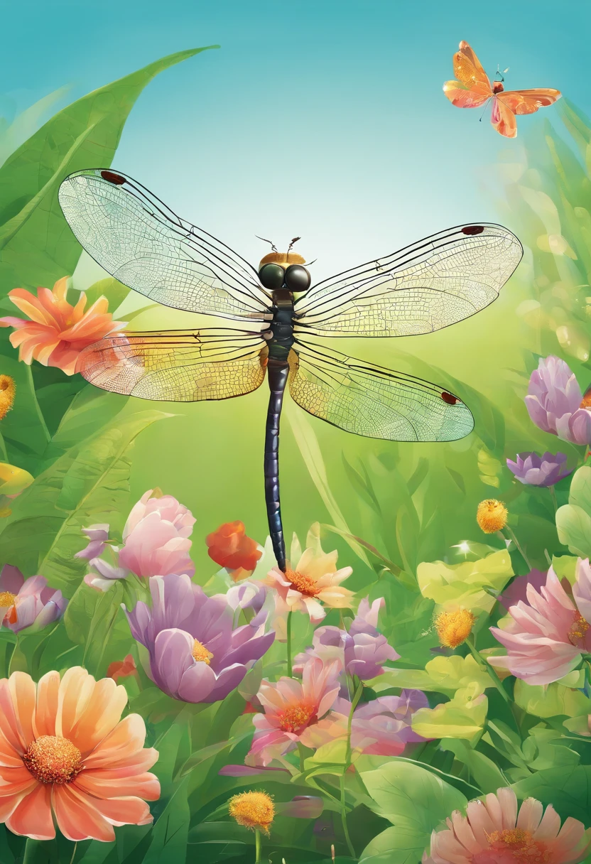 a dragonfly in a garden with children in the background