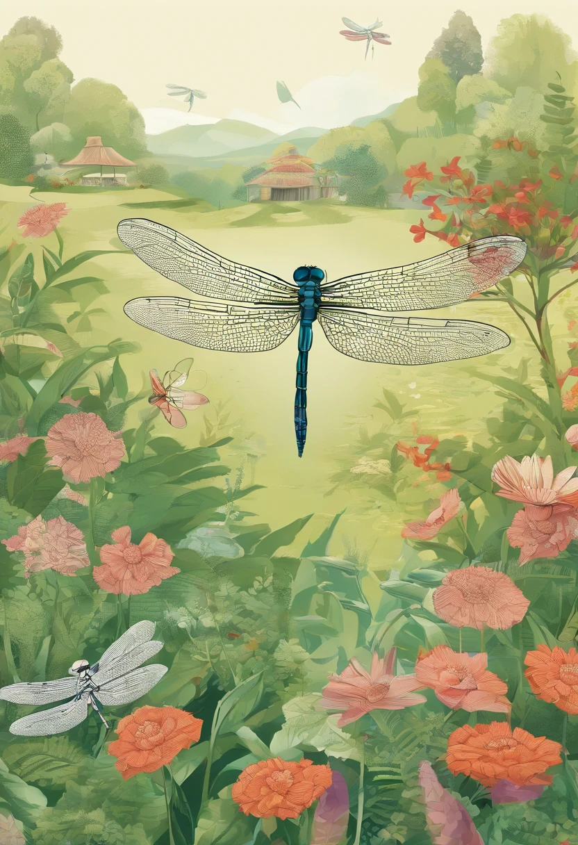 a dragonfly in a garden with children in the background