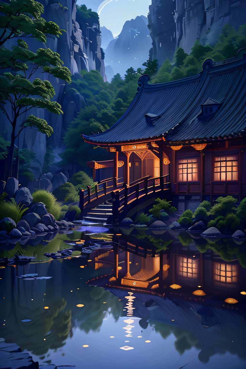 (Beautiful ancient Chinese architecture, Moonlight flashes, Lake at night, Shaded by bamboo forests, Stone bridge arch, Babbling water, Rockery trails, Blooming water lilies, Hot spring water vapor, Auspicious moonlight illustration: 1.0), Epic composition, Super detailed realistic, Highly realistic lighting, Best wallpaper quality, Masterpiece. (Very detailed CG unity 8K wallpaper) .