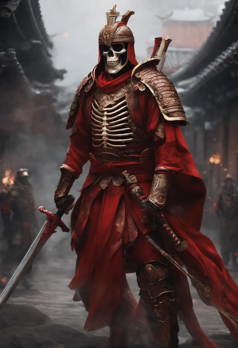 Create highly detailed 4K resolution digital artwork featuring skeleton warriors in samurai-style red suits. The artwork is、It is necessary to draw a portrait of the determined face of a warrior at the street level. Lighting must be dynamic, Highlight the intricate details of your character. The overall style is、Should resemble triad colors and deep tonal splash art. The artwork is、Should be storybook style with muted colors. Warriors should not have hair. We recommend the best camera models and lenses to capture artwork.
