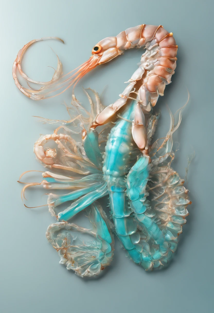 Cyan shrimp,Realiy,One plate,Top-down view,Vivid colors,white backgrounid,A lot of,filigree,4k,ultraclear,Realiy,oil painted