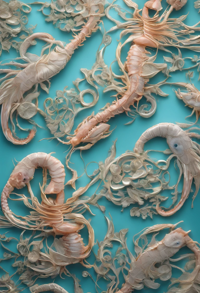 Cyan shrimp,Realiy,One plate,Top-down view,Vivid colors,white backgrounid,A lot of,filigree,4k,ultraclear,Realiy,oil painted