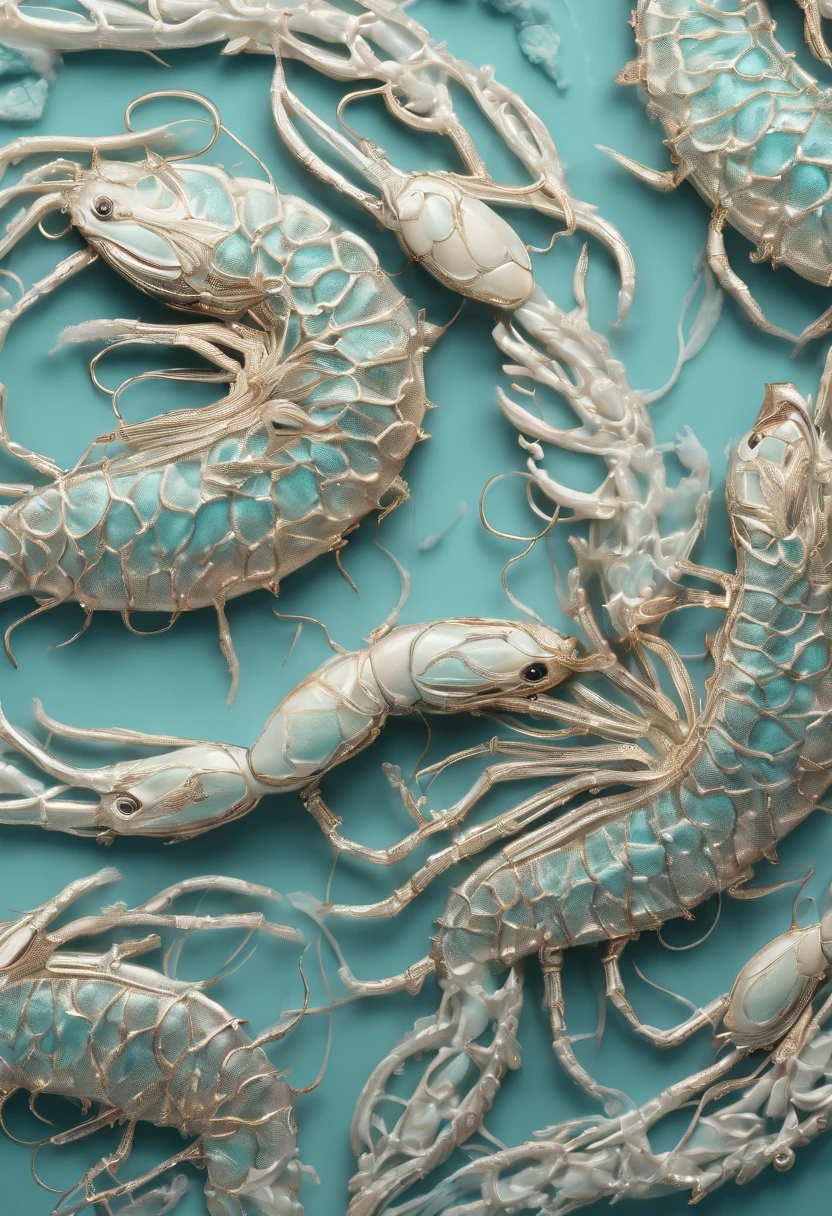 Cyan shrimp,Realiy,One plate,Top-down view,Vivid colors,white backgrounid,A lot of,filigree,4k,ultraclear,Realiy,oil painted
