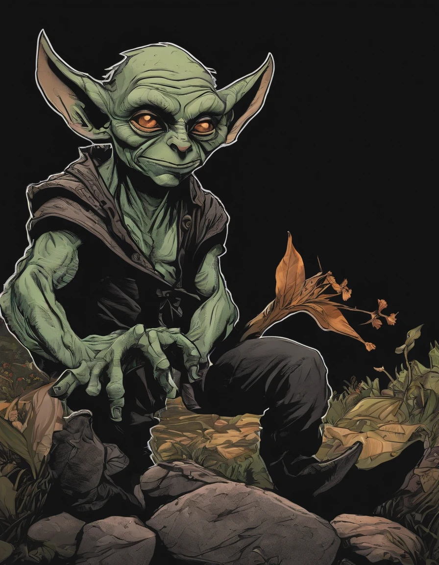 /imagine prompt: goblin, wide eyes illustration on front with black background sticker, Bold outline style, Jagged edges, Trash core, Light Shadow --V 5.2