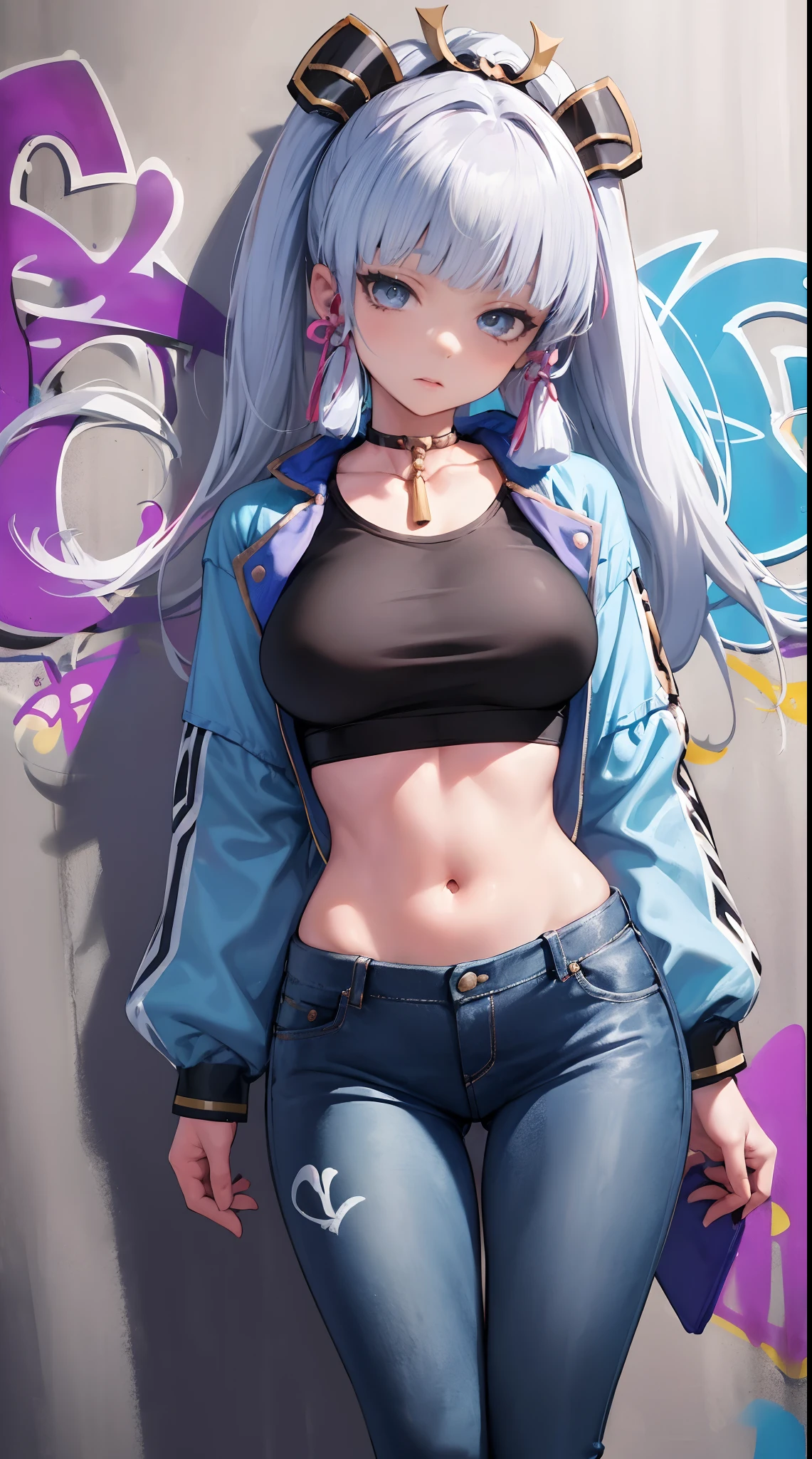 Genshin impact game, Furina, multicolored hair,  white and blue hair, short hair, big breasts, sportswear, crop top, shorts, tight clothes, thick thighs, sexy, wet, see through clothes,