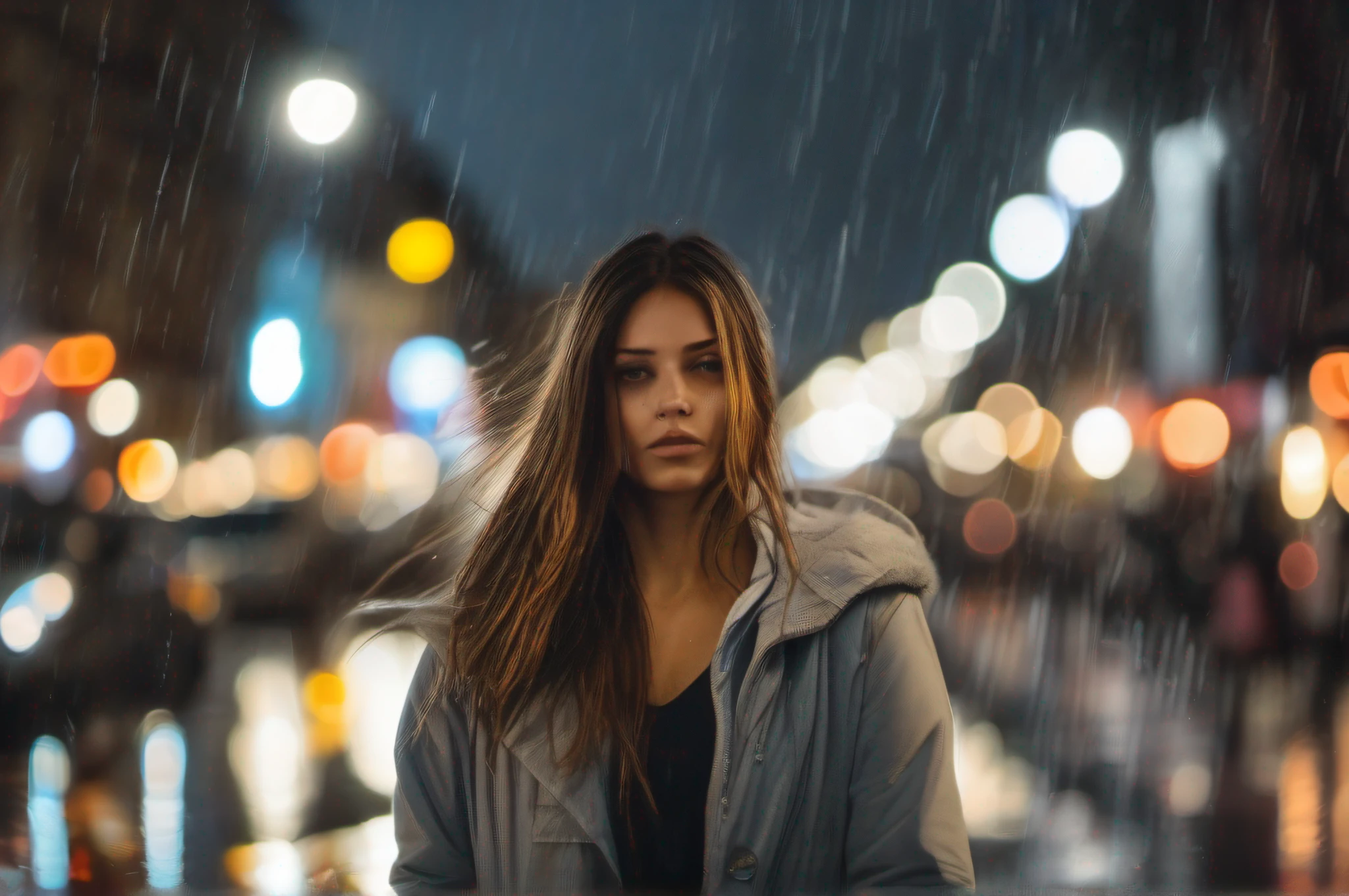 ((((looking camera)))) Foto de cuerpo completo de Mujer  con enormes alas sentada en las calles con humo y niebla, en llamas bajo la lluvia torrencial de la noche, Al otro lado de la ciudad, iluminada por las luces de la ciudad y con todo su cuerpo mojado. feeling cold. Captura la intensidad de la lluvia que cae sobre la mujer mientras corre. Focus on the woman's facial expression, Showing determination despite the rain. Crea un contraste entre la oscuridad de la noche y las luces de la ciudad que la rodean. Make sure the woman's white T-shirt is soaked and stuck to her body. Use lighting techniques to highlight raindrops in the air and on women's clothing. Make wet streets reflect city lights to create a cinematic atmosphere. The perspective should be from a low angle to emphasize women's vulnerability in the rain... Add flare to city lights to create a bokeh effect in the background. Use cool colors and blue tones to convey the feeling of cold in the image.