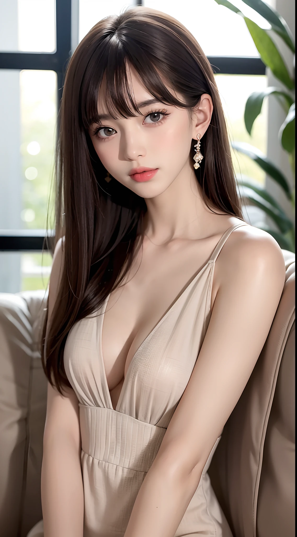 (8K, Raw photo, Photorealistic:1.25) ,( small lip luster, Eye lashes, Gloss Face, Glossy glossy skin, best qualtiy, 超A high resolution, depth of fields, color difference, Caustics, Wide light, Natural Shadow, ) ，full body Esbian,slender,brown haired, Blunt bangs, hair behind ear, hair over shoulder, Long hair，Middle cleavage，（pubick hair），realisticlying