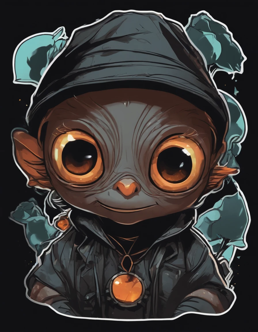 /imagine prompt: goblin, wide eyes illustration on front with black background sticker, Bold outline style, vivid colors Jagged edges, Trash core, Light Shadow --V 5.2
