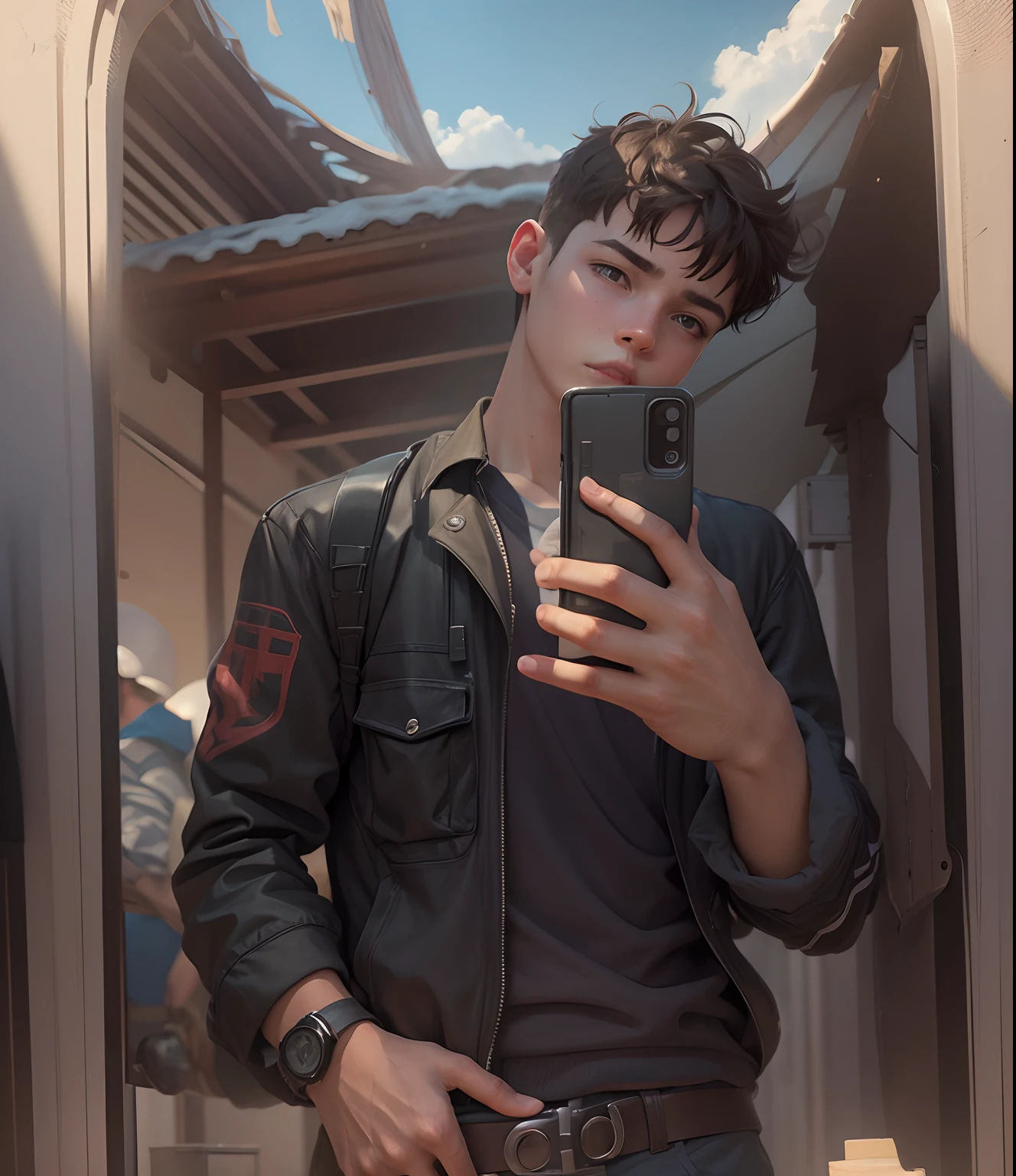 Create a boy in front of school realistic art, 8k resolution