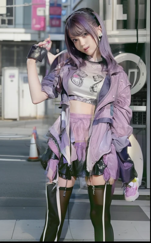 Idols of punk fashion、large full breasts、beautiful foot、Purple hair、a miniskirt、Good Style、、、、Pink tops、Stockings、teasing face、
