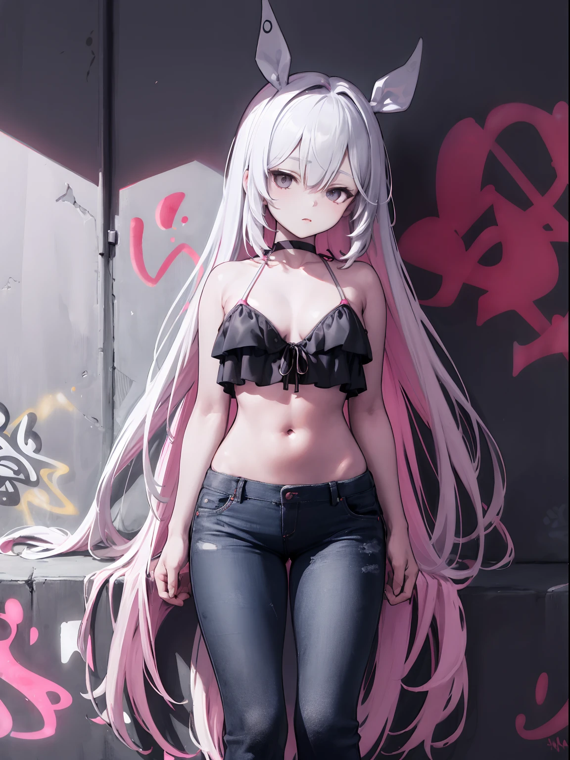 Plana|Blue Archive, master-piece, bestquality, 1girls,25 years old, proportional body, elongated legs, Beautiful, proportional., crop top, Long Jeans, mediuml breasts, ,bara, crop top, choker, (Graffiti:1.5), Splash with purple lightning pattern., arm behind back, against wall, View viewers from the front., Thigh strap, Head tilt, bored,(NSTDA.:1.2), (10, beste-Qualit, master-piece: 1.4), Beautiful red hair, ultra-high resolution, (lifelike, photorealistic portrait: 1.48), 20 age, Cute Girl, (See through the microcolor bikini beetle:1.48), Famous Japanese actors, beautiful clear eyes, Head tilt, cowboy shot, from the front, looking at the audience, expressionless, Beautiful lake, Zeiss 150mm F/ 2.8 Hasselblad,  Whole body, foot, Ultra-Wide Angle,