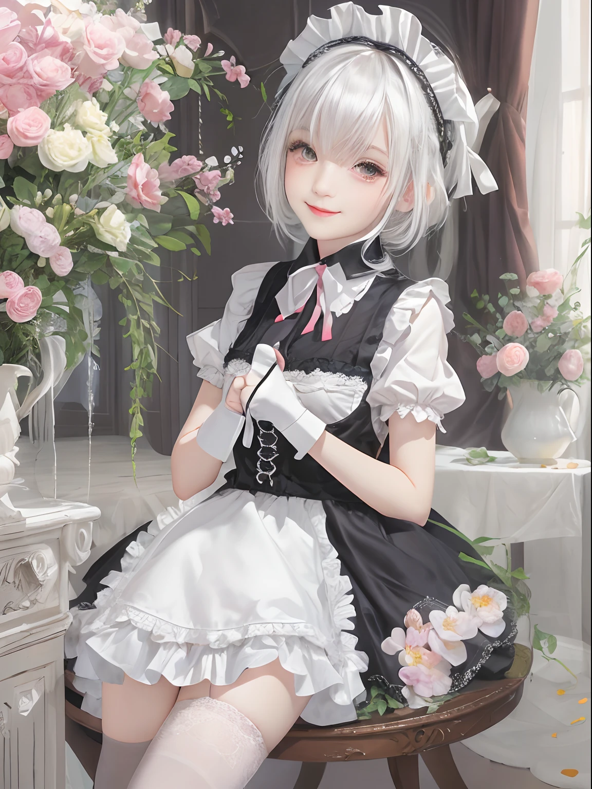 (Masterpiece, Best quality, absurderes), 1girll, White hair, short-length straighthair, Blunt bangs, Flat chest, Narrow waist, With gray eyes, petals, Pale skin, mansion, Indoors, maid, maid headdress, maid apronl, Cowboy shot, Blush, Light smile, Head tilt, blackstockings