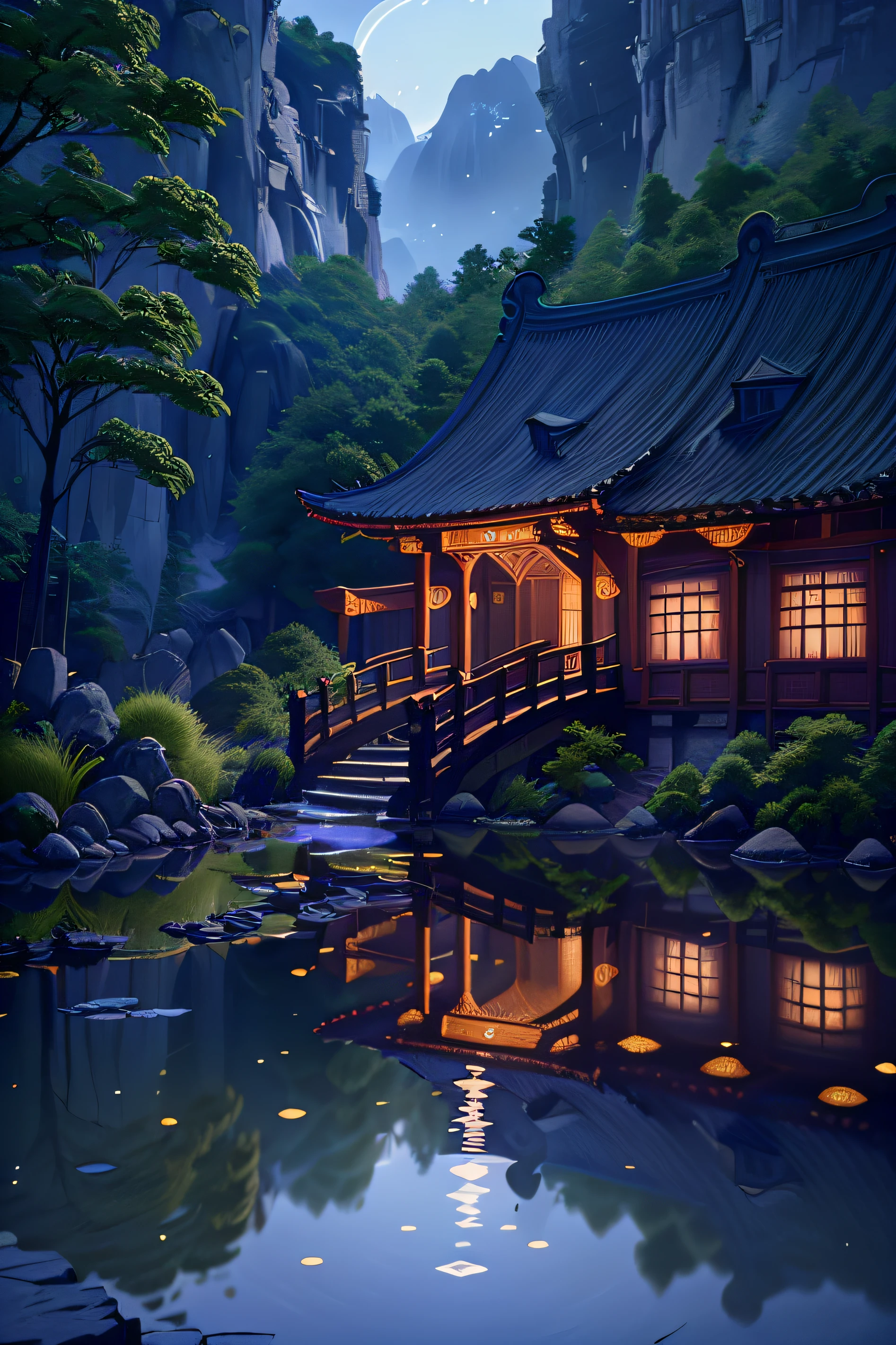 (Beautiful ancient Chinese architecture, Moonlight flashes, Lake at night, Shaded by bamboo forests, Stone bridge arch, Babbling water, Rockery trails, Blooming water lilies, Hot spring water vapor, Auspicious moonlight illustration: 1.0), Epic composition, Super detailed realistic, Highly realistic lighting, Best wallpaper quality, Masterpiece. (Very detailed CG unity 8K wallpaper) .