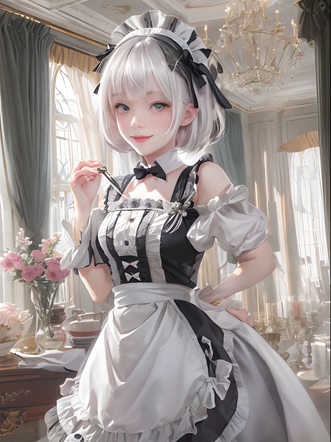 (Masterpiece, Best quality, absurderes), 1girll, White hair, short-length straighthair, Blunt bangs, Flat chest, Narrow waist, With gray eyes, petals, Pale skin, mansion, Indoors, maid, maid headdress, maid apronl, Cowboy shot, Blush, Light smile, Head tilt, blackstockings