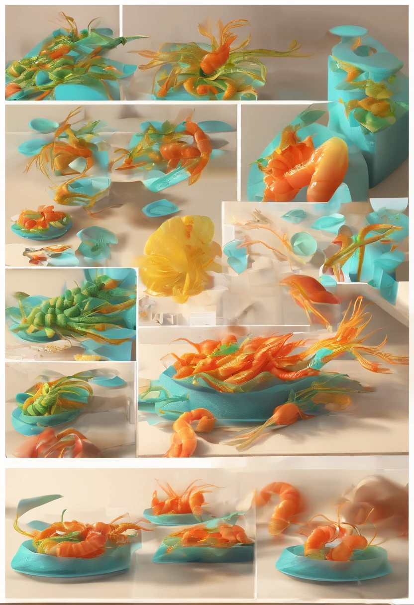 Cyan shrimp，Realiy，One plate，Top-down view，Vivid colors，white backgrounid，A lot of，filigree，4k，ultraclear，Realiy，oil painted