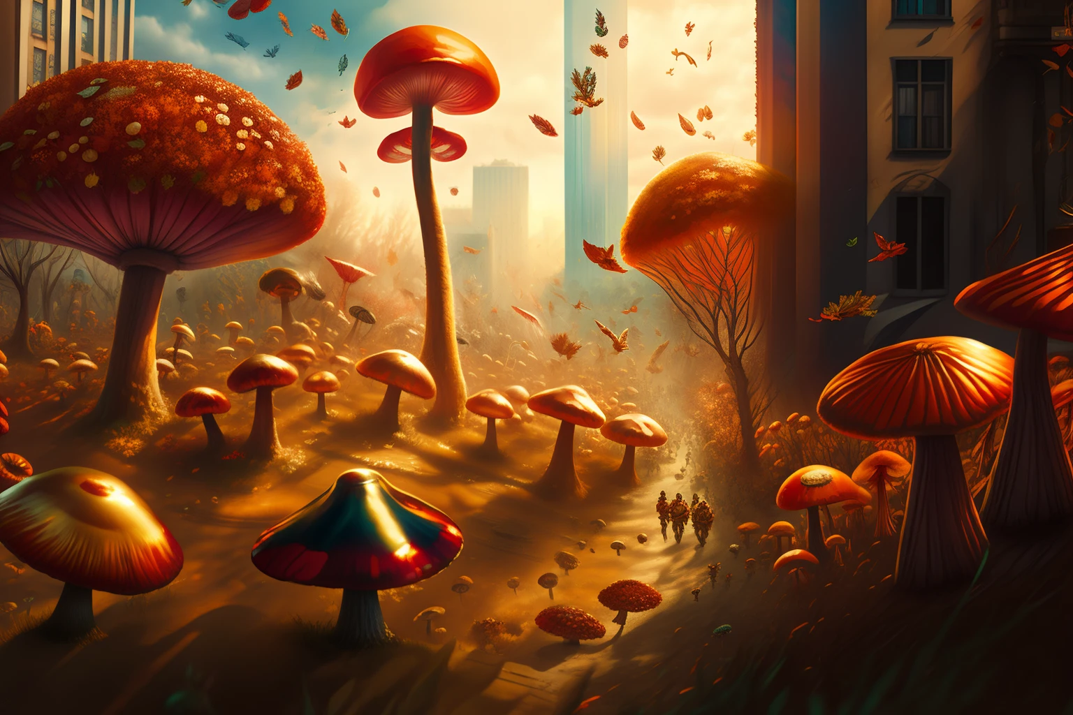 dreamlikeart, hallucination, autumn, army of colorful mushrooms, invade a city